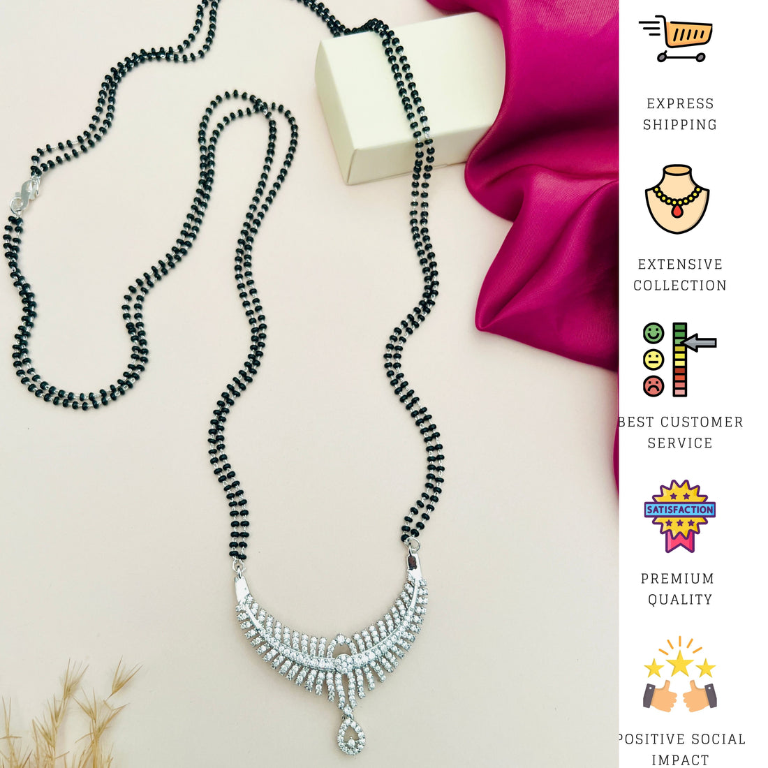 Elegant Long Silver Mangalsutra with black beads and intricate pendant by Abdesignsjewellery