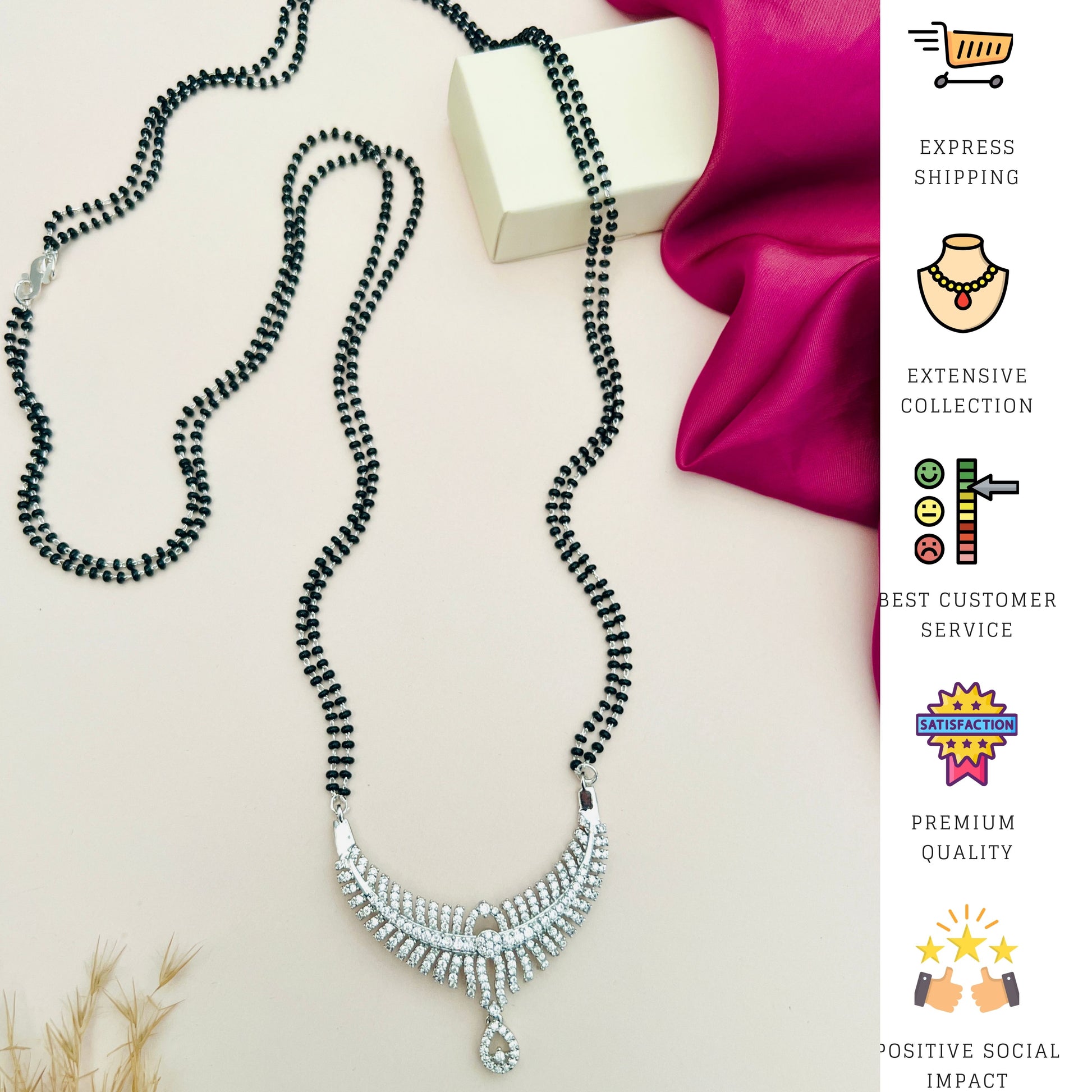 Long Silver Mangalsutra with intricate pendant design and black beaded chain by Abdesignsjewellery