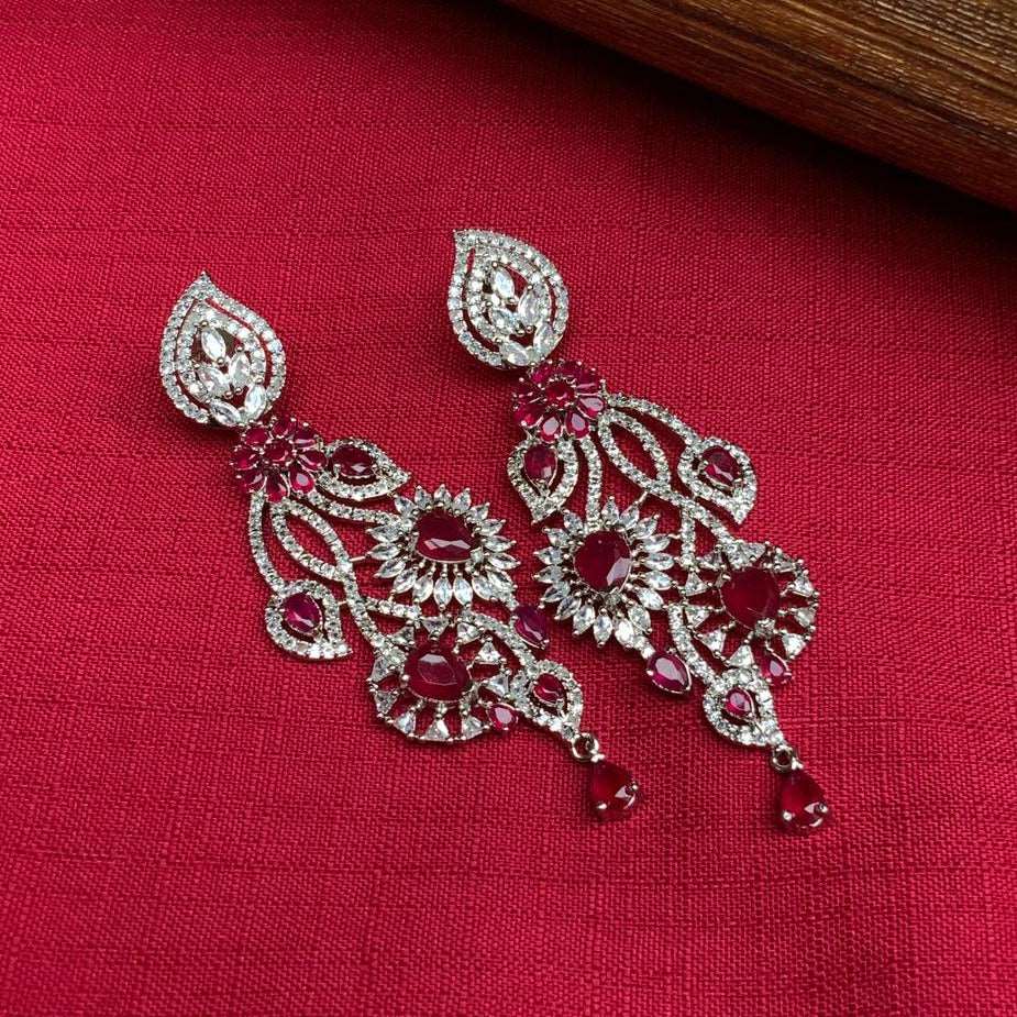 Abdesignsjewellery silver American diamond earrings chandelier drop style with red ruby stones