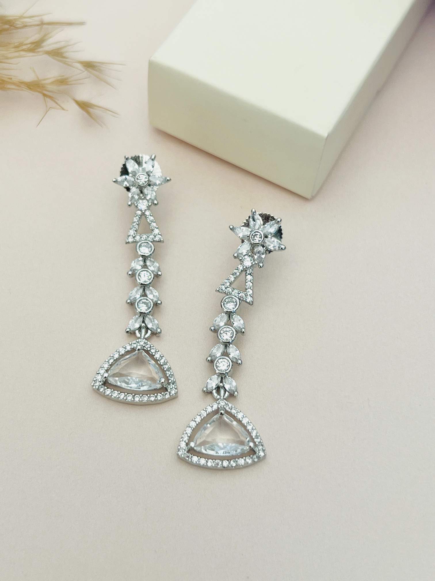 Luxurious Silver Plated American Diamond Necklace featuring intricate triangular and round designs with sparkling stones