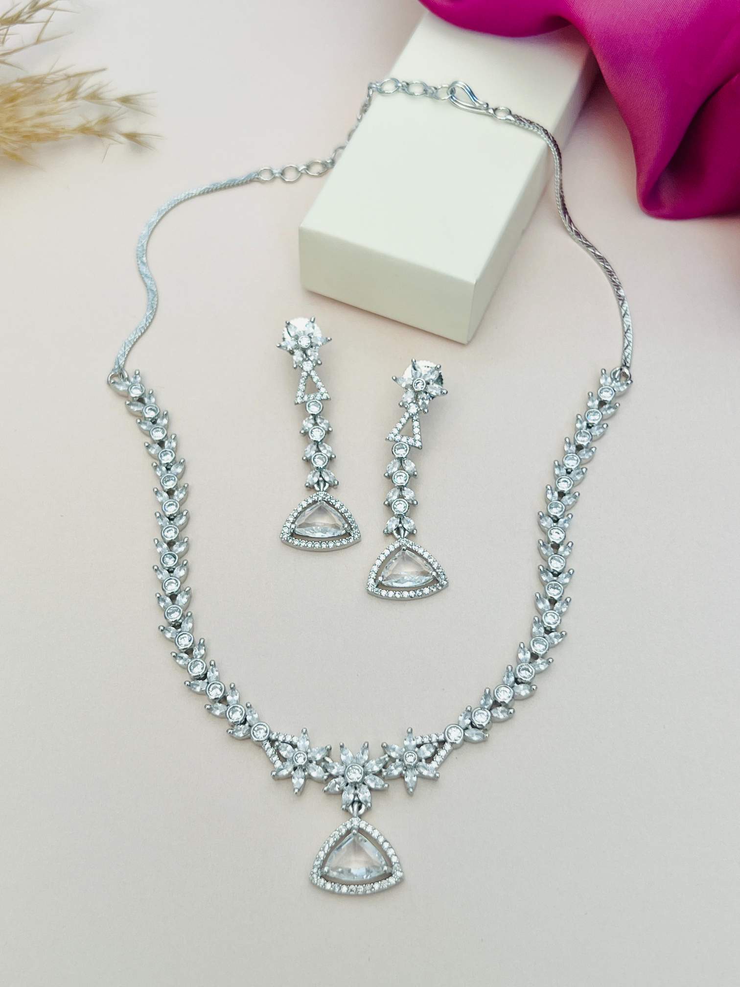 Luxurious Silver Plated American Diamond Necklace with matching earrings by Abdesignsjewellery