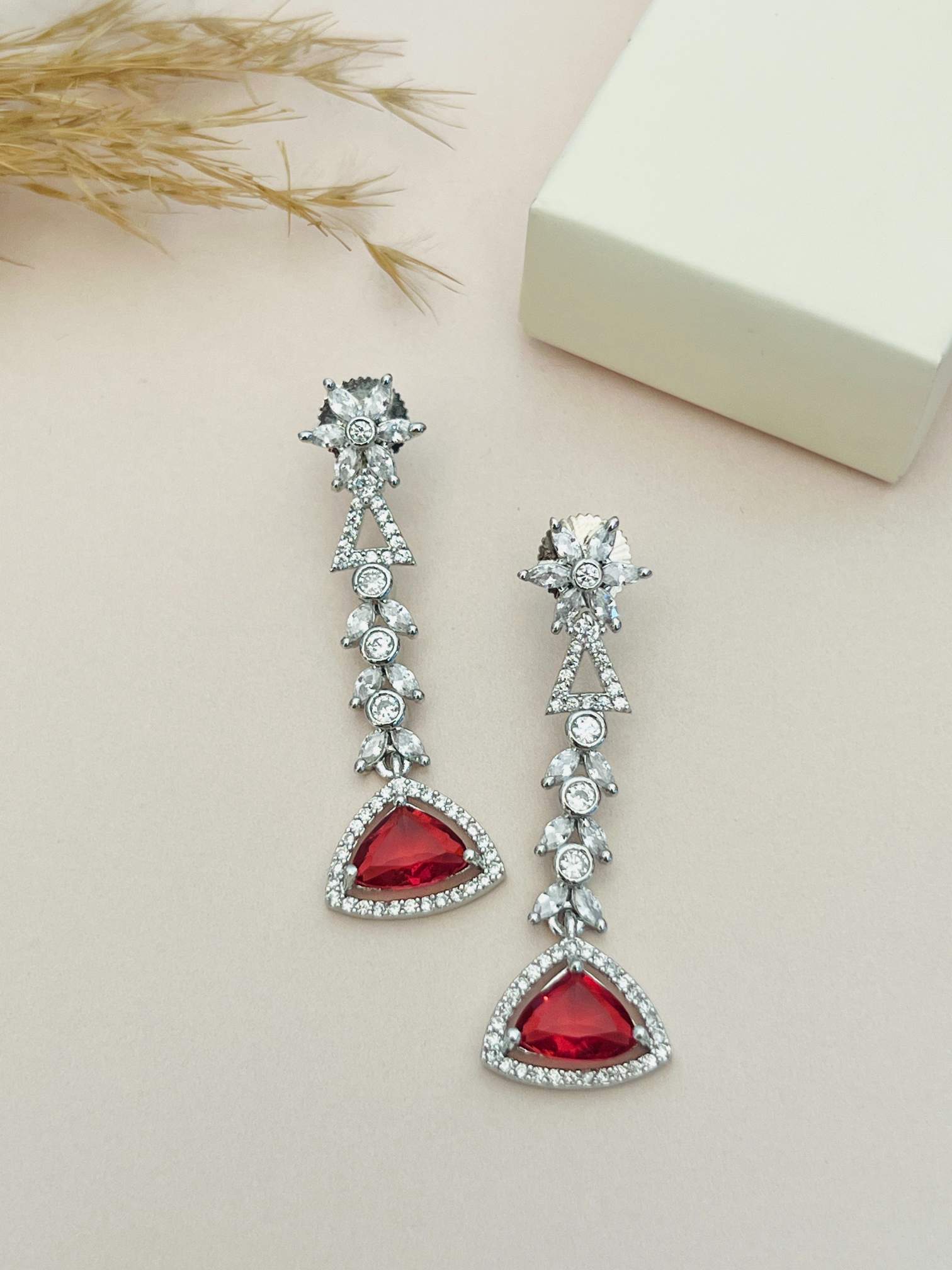 Luxurious Silver Plated American Diamond Necklace earrings with red gemstone and intricate design by Abdesignsjewellery