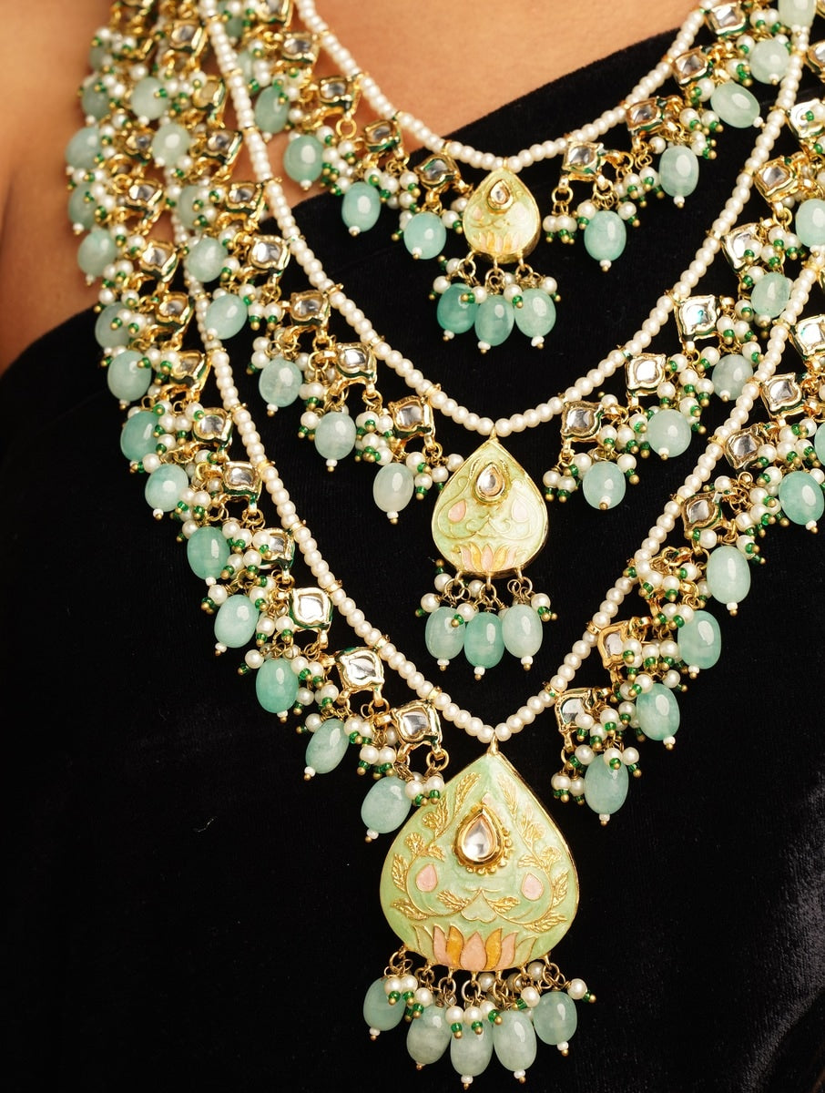 Maharani Green Meenakari Necklace Set with intricate gold detailing and green beads by Abdesignsjewellery