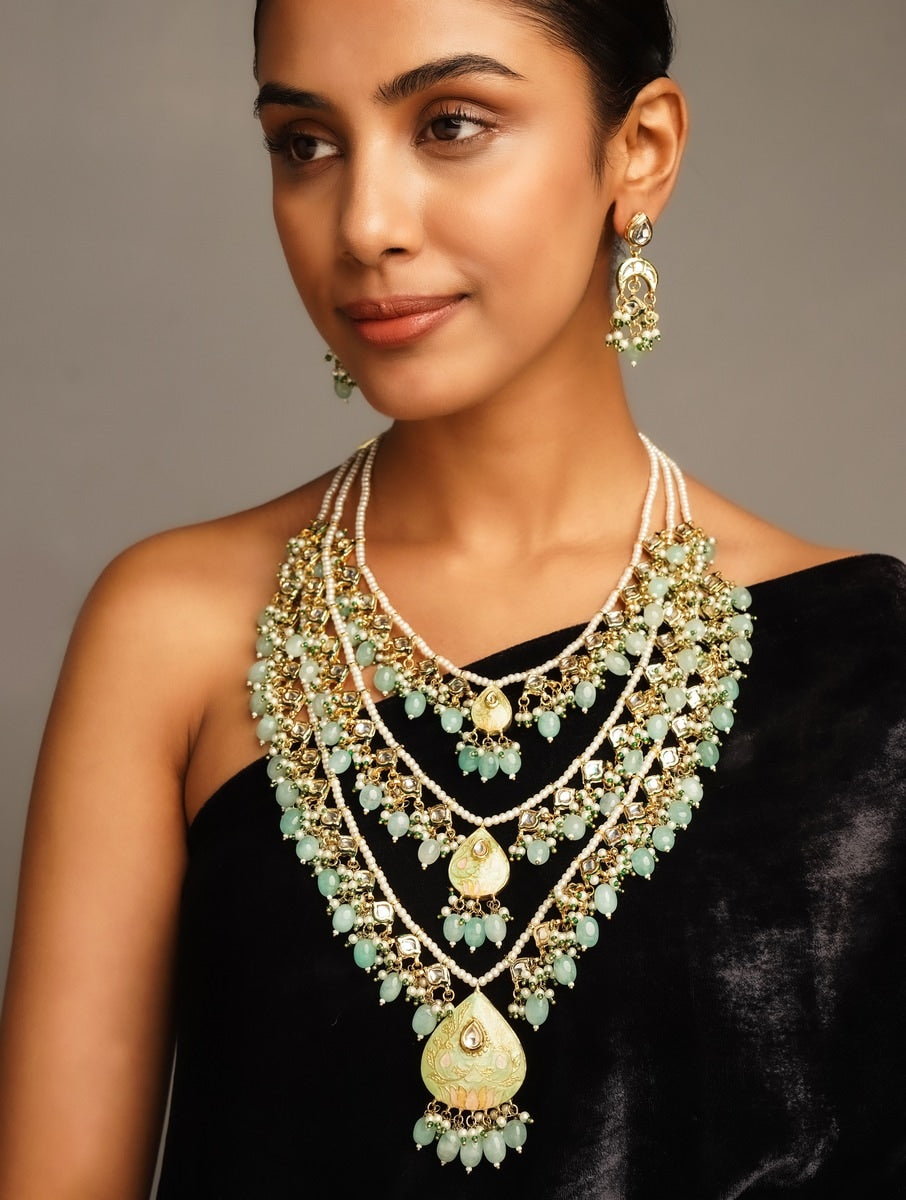Maharani Green Meenakari Necklace Set by Abdesignsjewellery worn by a model in black outfit