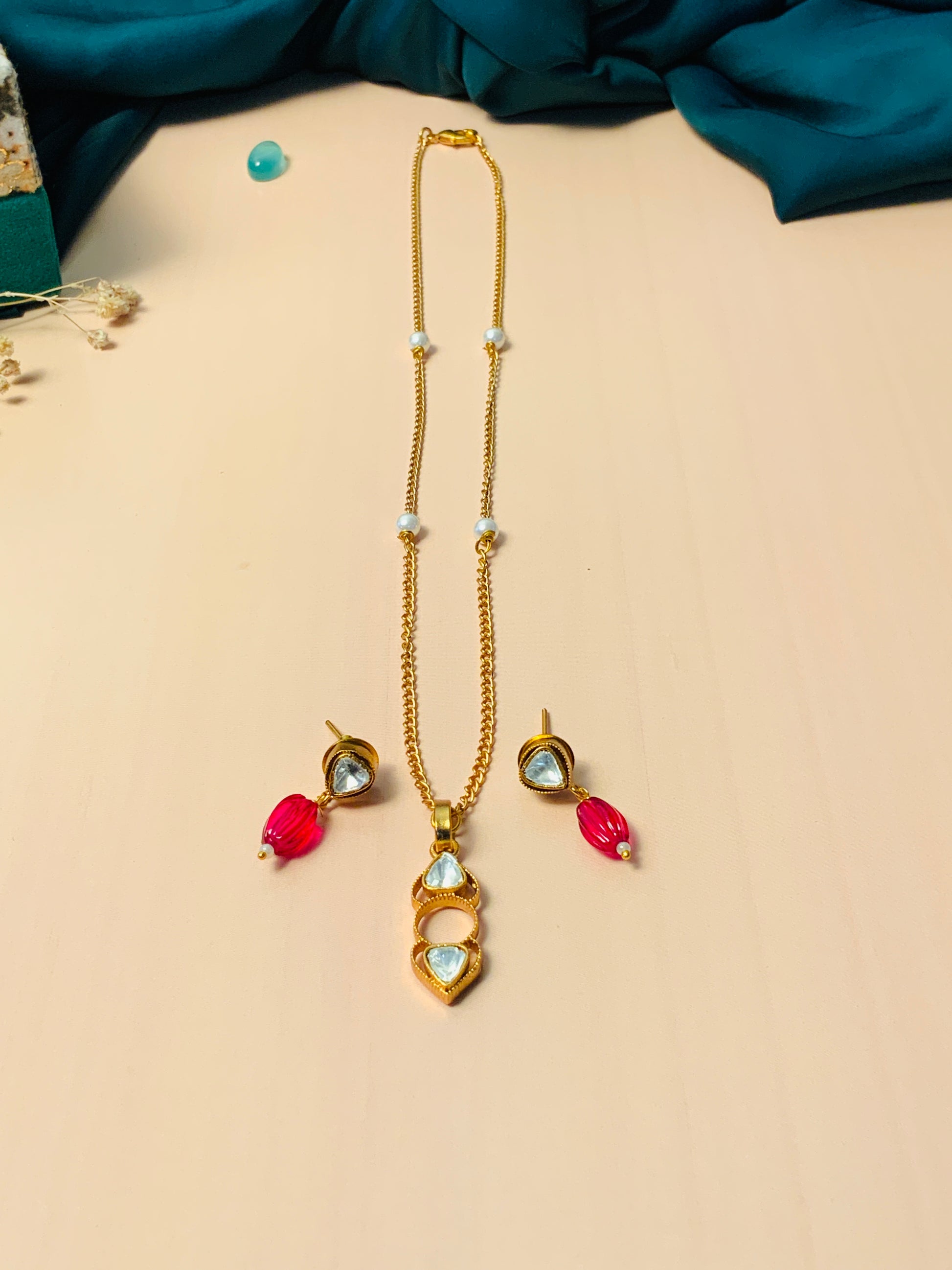 Minimal Polki Drop Necklace Set by Abdesignsjewellery with gold chain and gemstone pendant with matching earrings