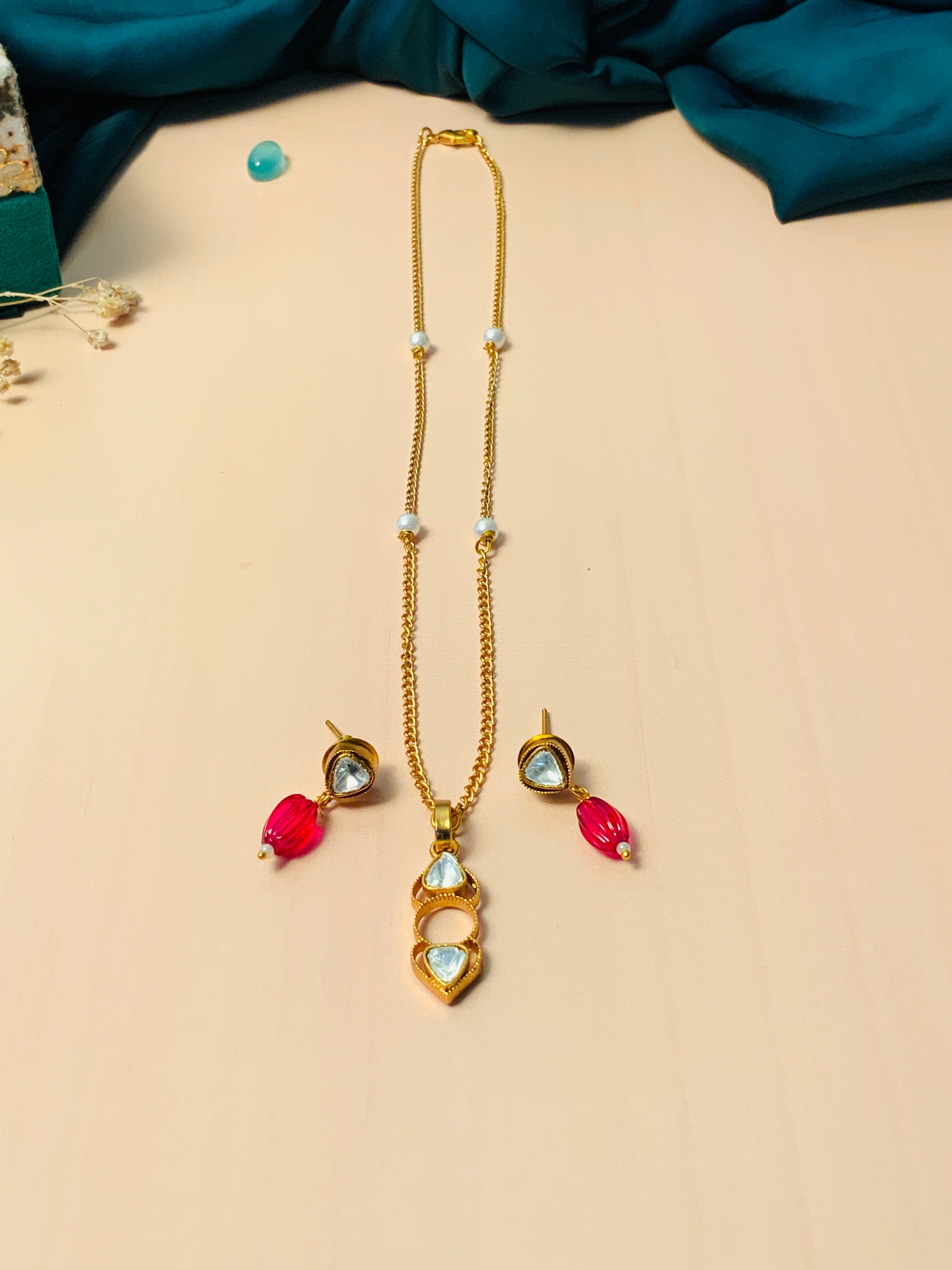 Minimal Polki Drop Necklace Set by Abdesignsjewellery with gold chain and gemstone pendant with matching earrings