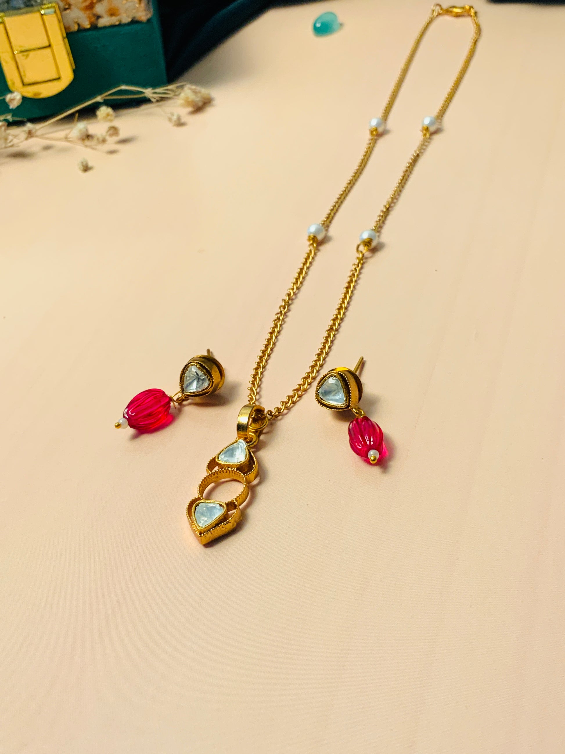 Minimal Polki Drop Necklace Set by Abdesignsjewellery gold chain with polki stones and red drop earrings