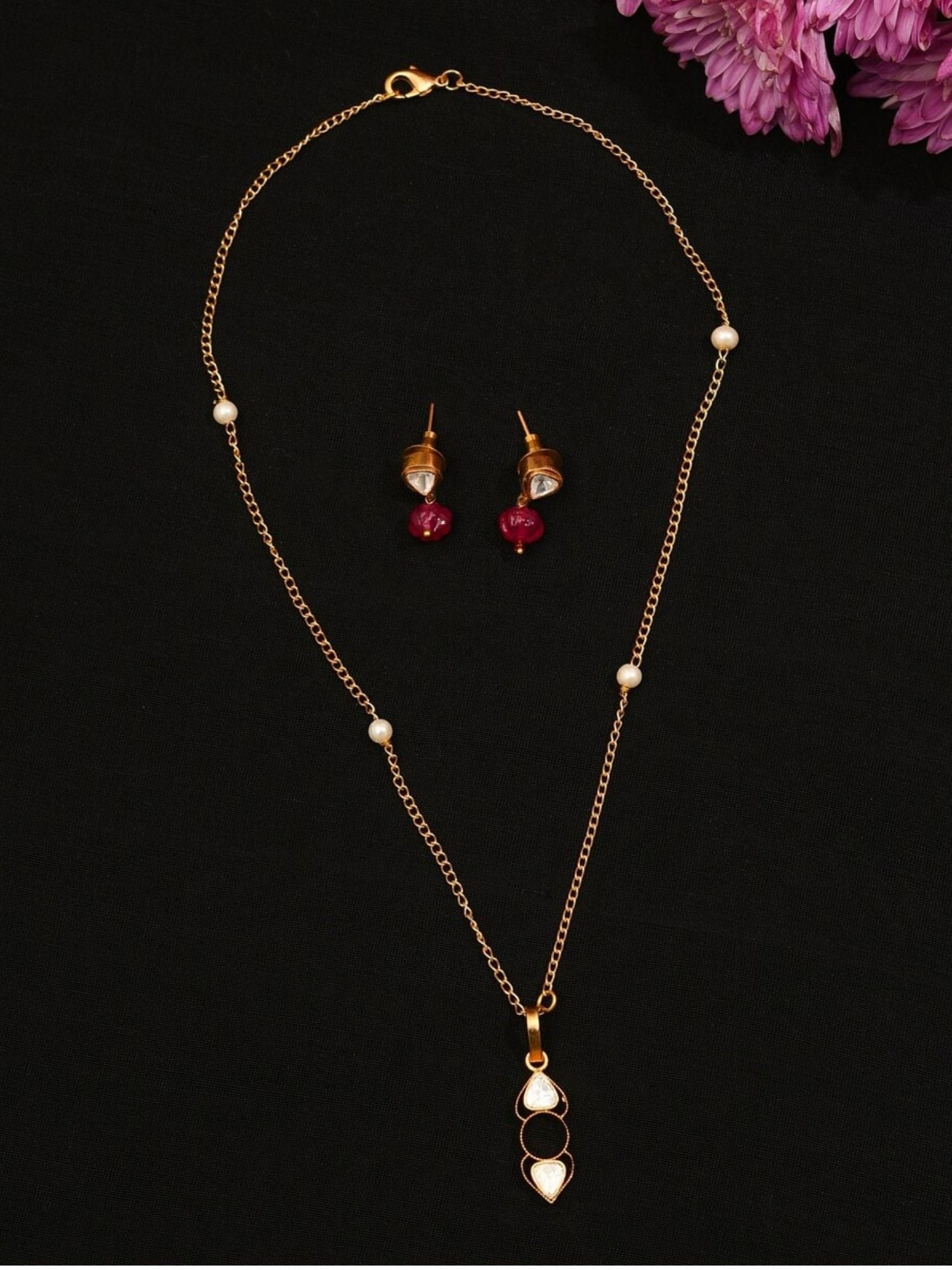 Minimal Polki Drop Necklace Set by Abdesignsjewellery with gold chain and matching earrings