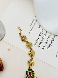 Thumbnail for Multistone Sky Blue Matt Gold Plated Peacock Style Maangtikka with intricate gold design and green and purple stones