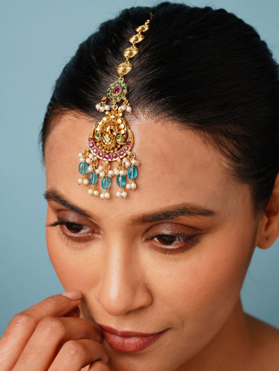 Abdesignsjewellery Multistone Sky Blue Matt Gold Plated Peacock Style Maangtikka