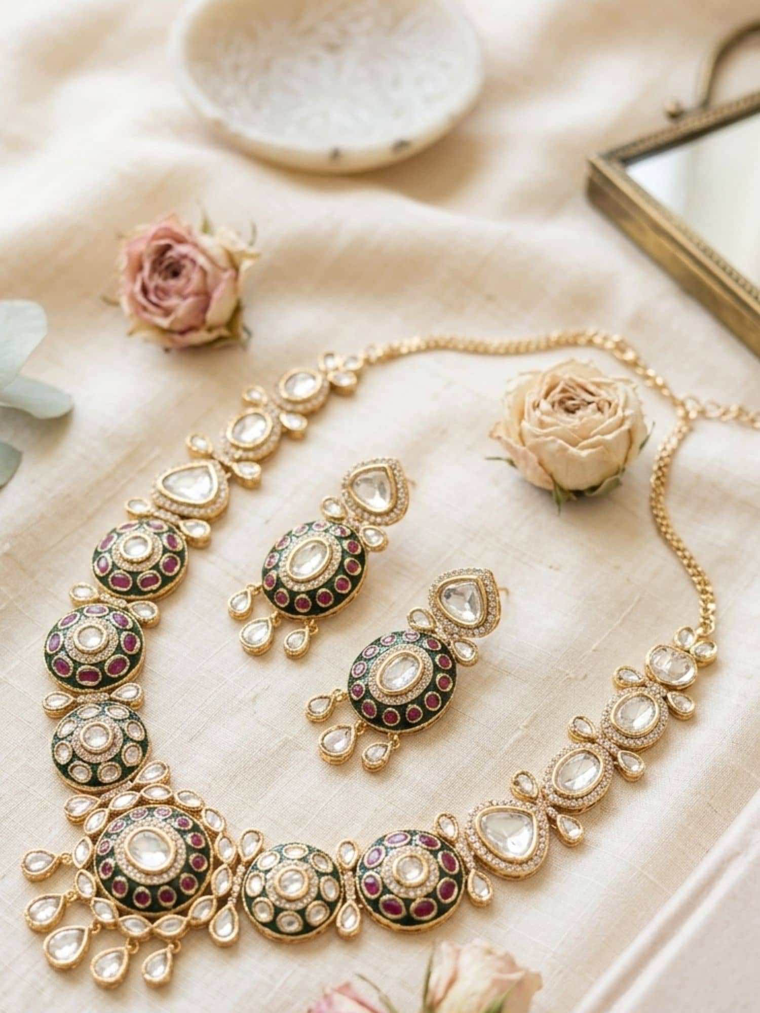 Elegant Abdesigns Jewellery name gold plated necklace with matching earrings and intricate design