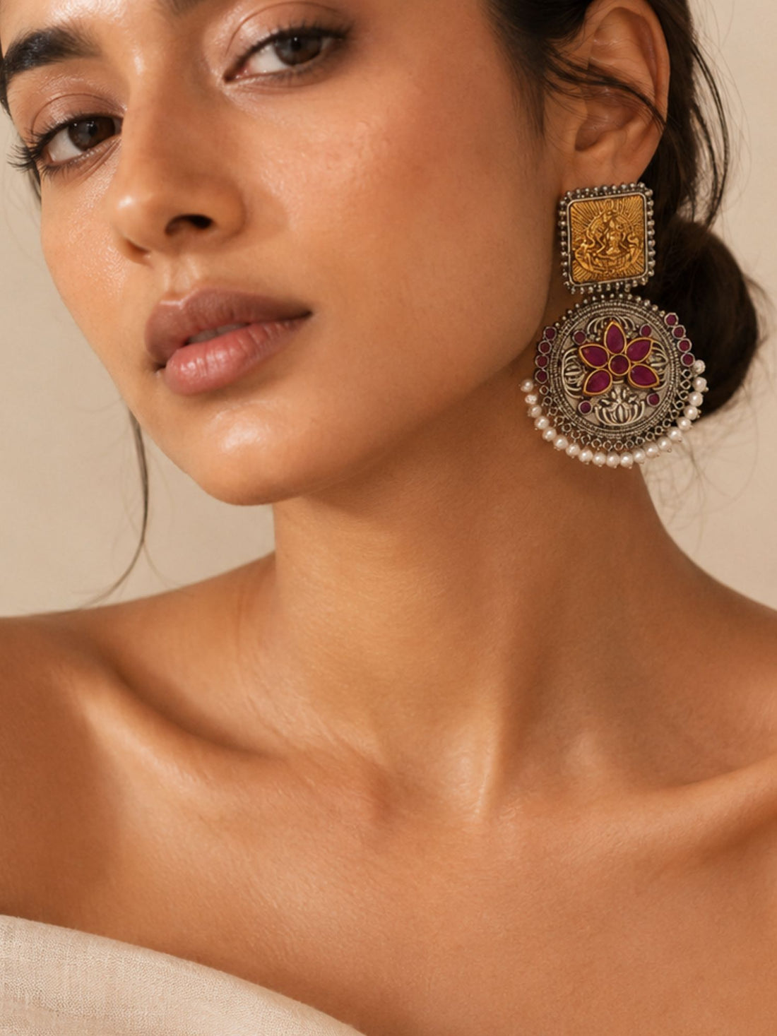 Stylish Set Of 2 German Silver Earring Combo with intricate floral design and gold accents
