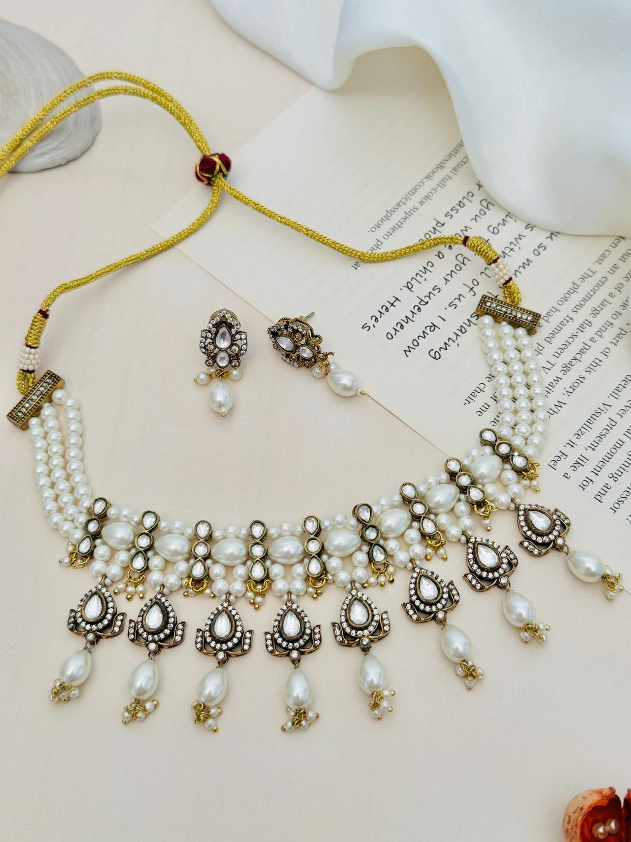 Oxidsed Gold Plated Polki Choker Necklace Set with pearl and stone detailing by Abdesignsjewellery