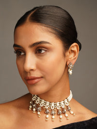 Thumbnail for Oxidsed Gold Plated Polki Choker Necklace Set worn by woman with matching earrings from Abdesignsjewellery