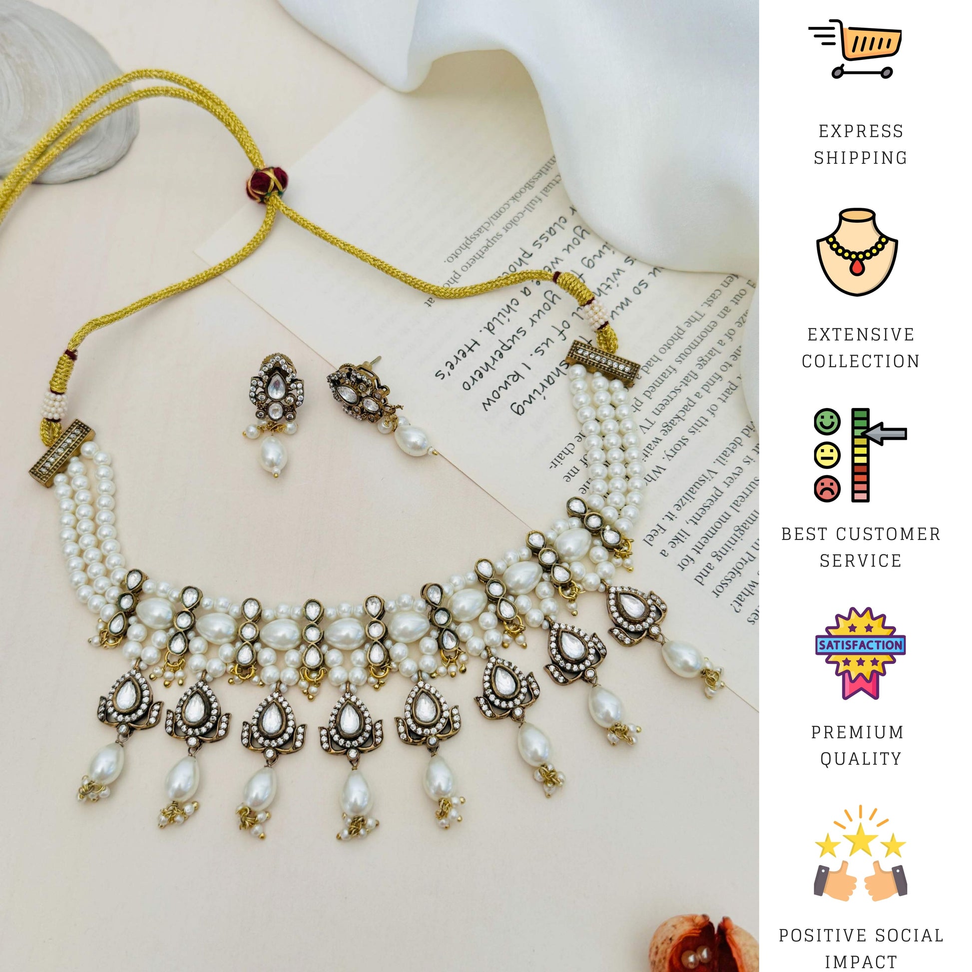 Oxidsed Gold Plated Polki Choker Necklace Set with white pearls and matching earrings by Abdesignsjewellery