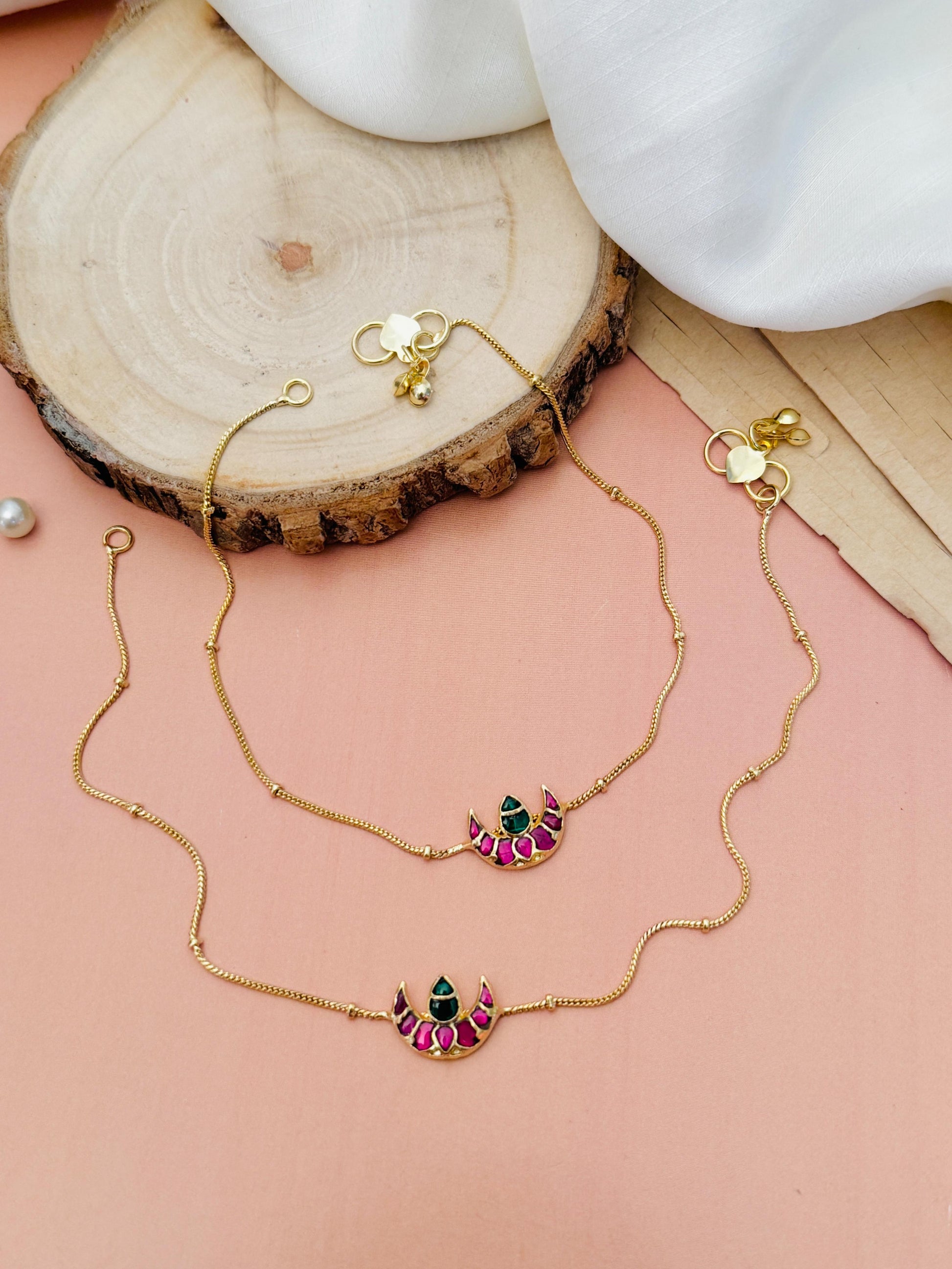 Abdesignsjewellery combo of Pachi Kundan Kemp Stone Anklets with gold chain and traditional pink and green stones