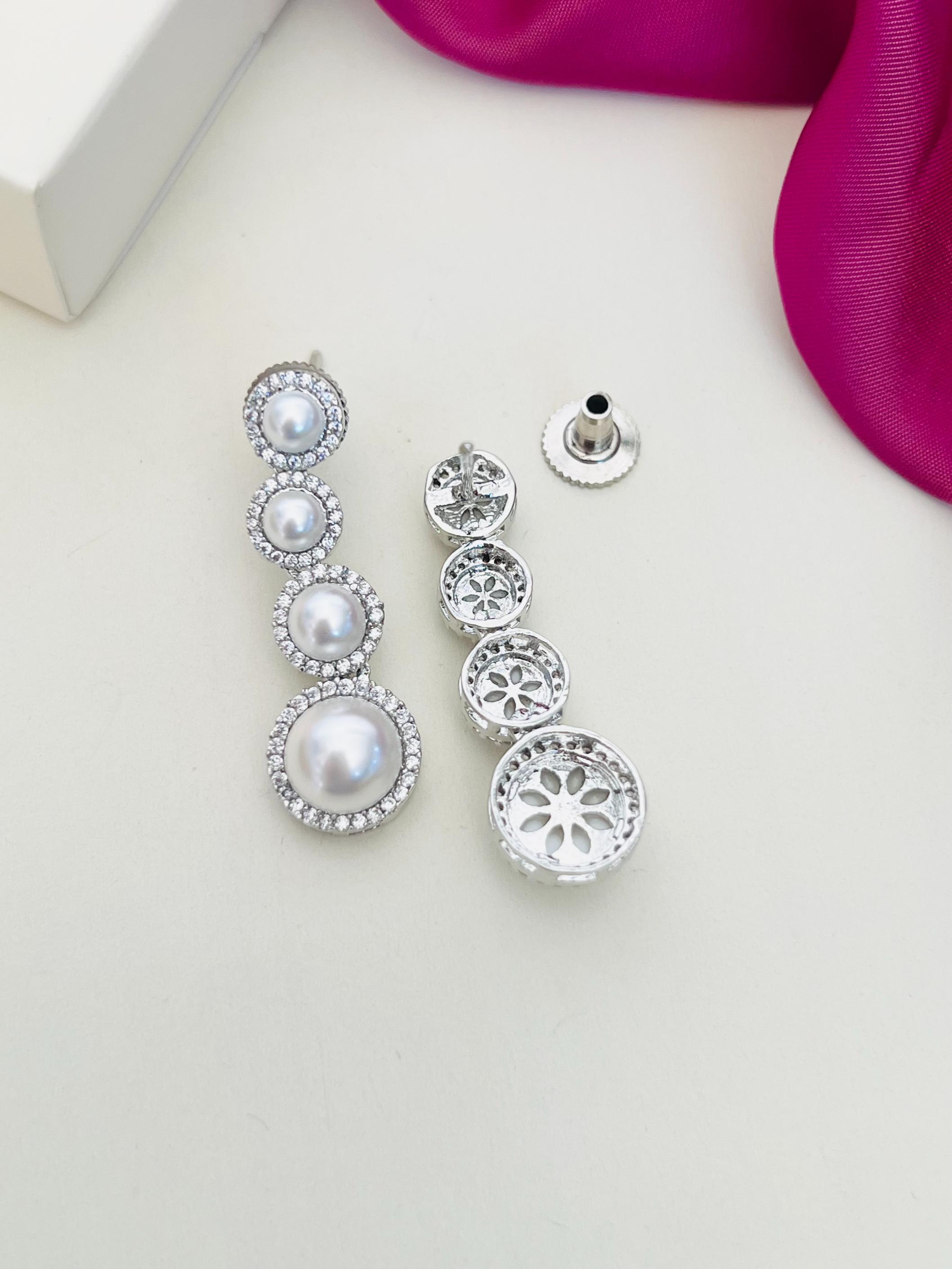 Pearl American Diamond Necklace Set by Abdesignsjewellery featuring elegant pearl and diamond earrings