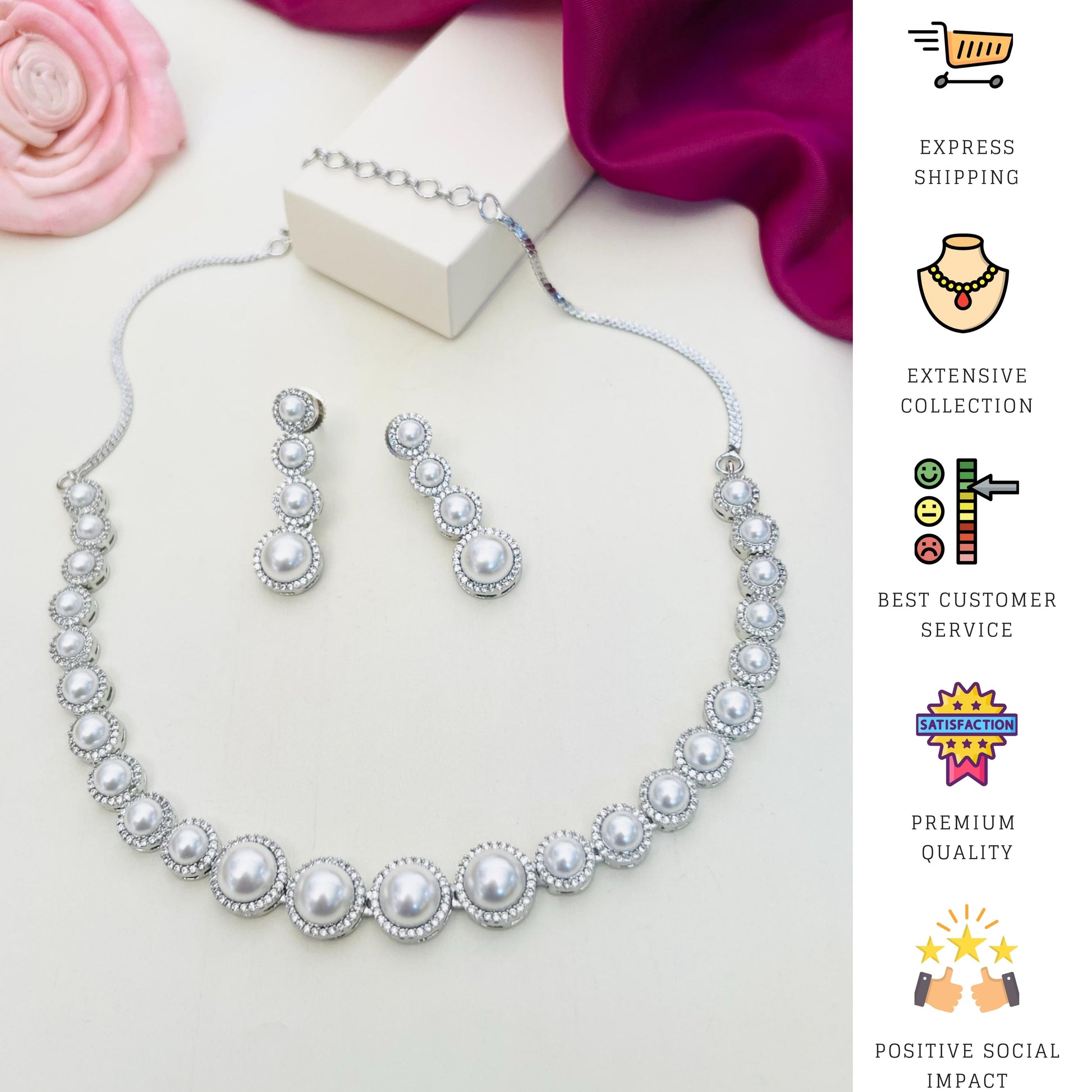 Pearl American Diamond Necklace Set with matching earrings by Abdesignsjewellery in elegant design