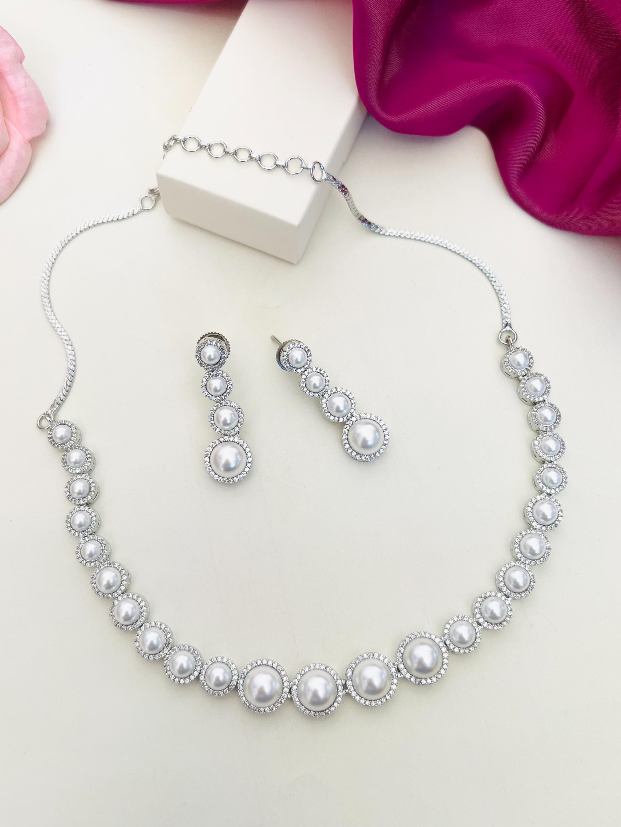 Pearl American Diamond Necklace Set by Abdesignsjewellery with matching earrings and silver chain
