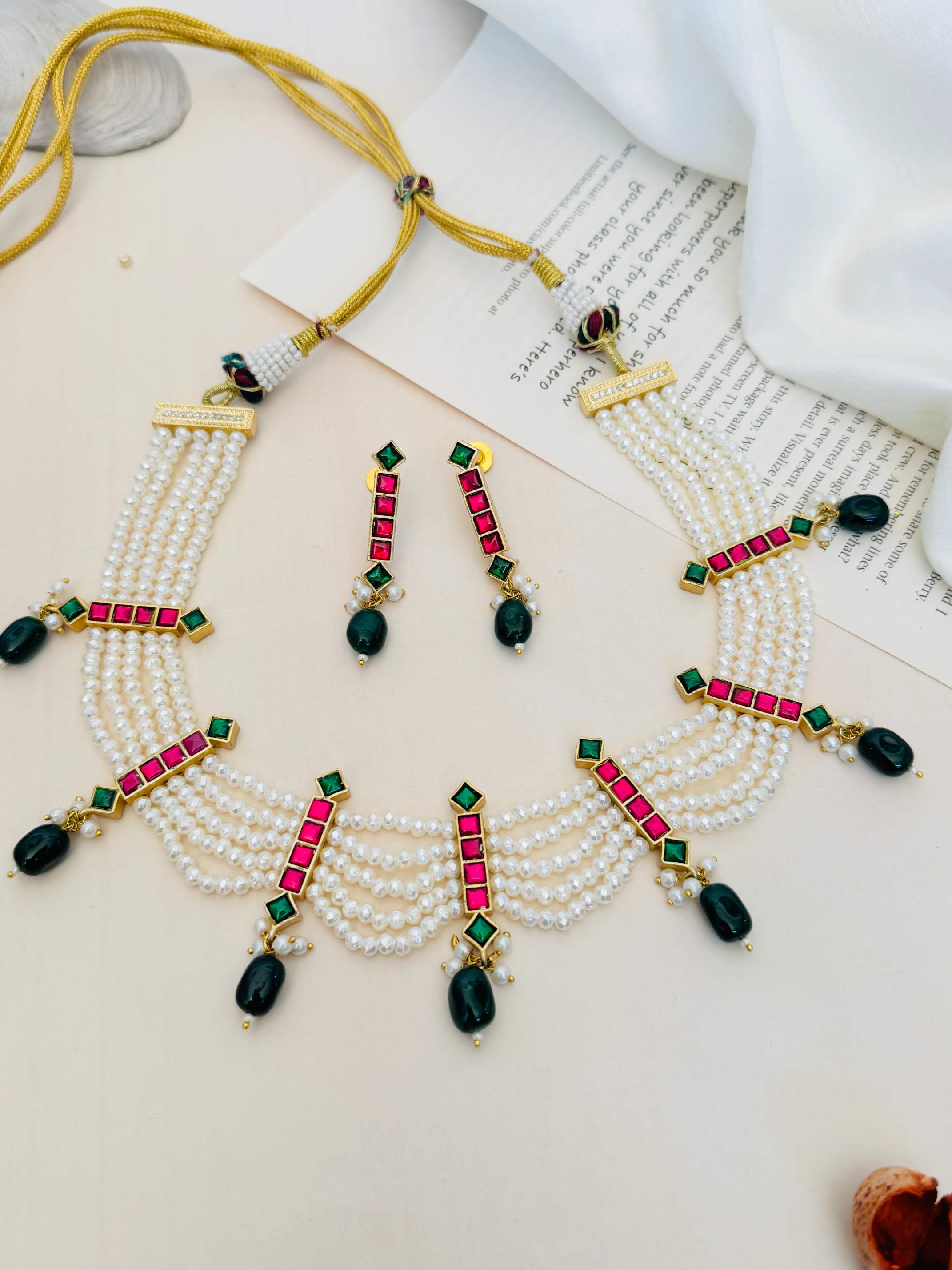 Pearl Choker Diamond Sabyasachi Necklace Set by Abdesignsjewellery with multi-layered pearls and colorful gemstone accents