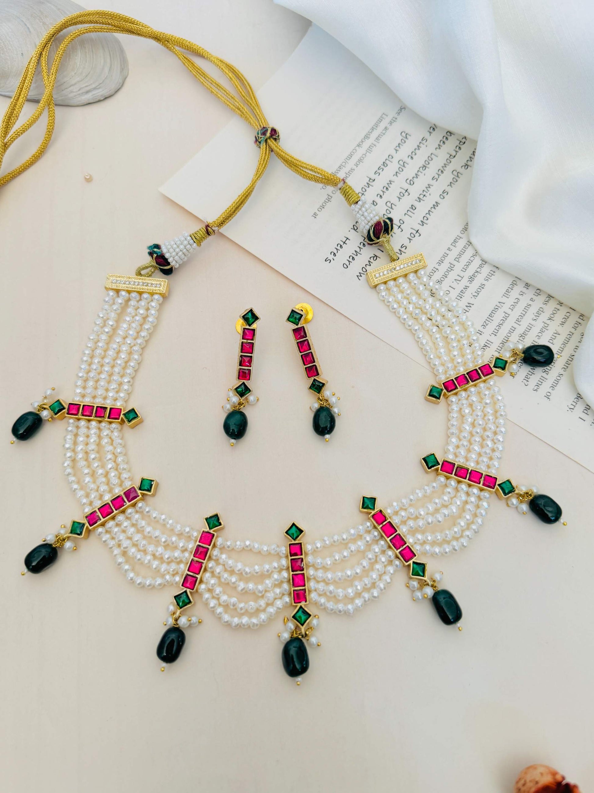 Pearl Choker Diamond Sabyasachi Necklace Set with multi-row pearls and green and pink gemstone accents