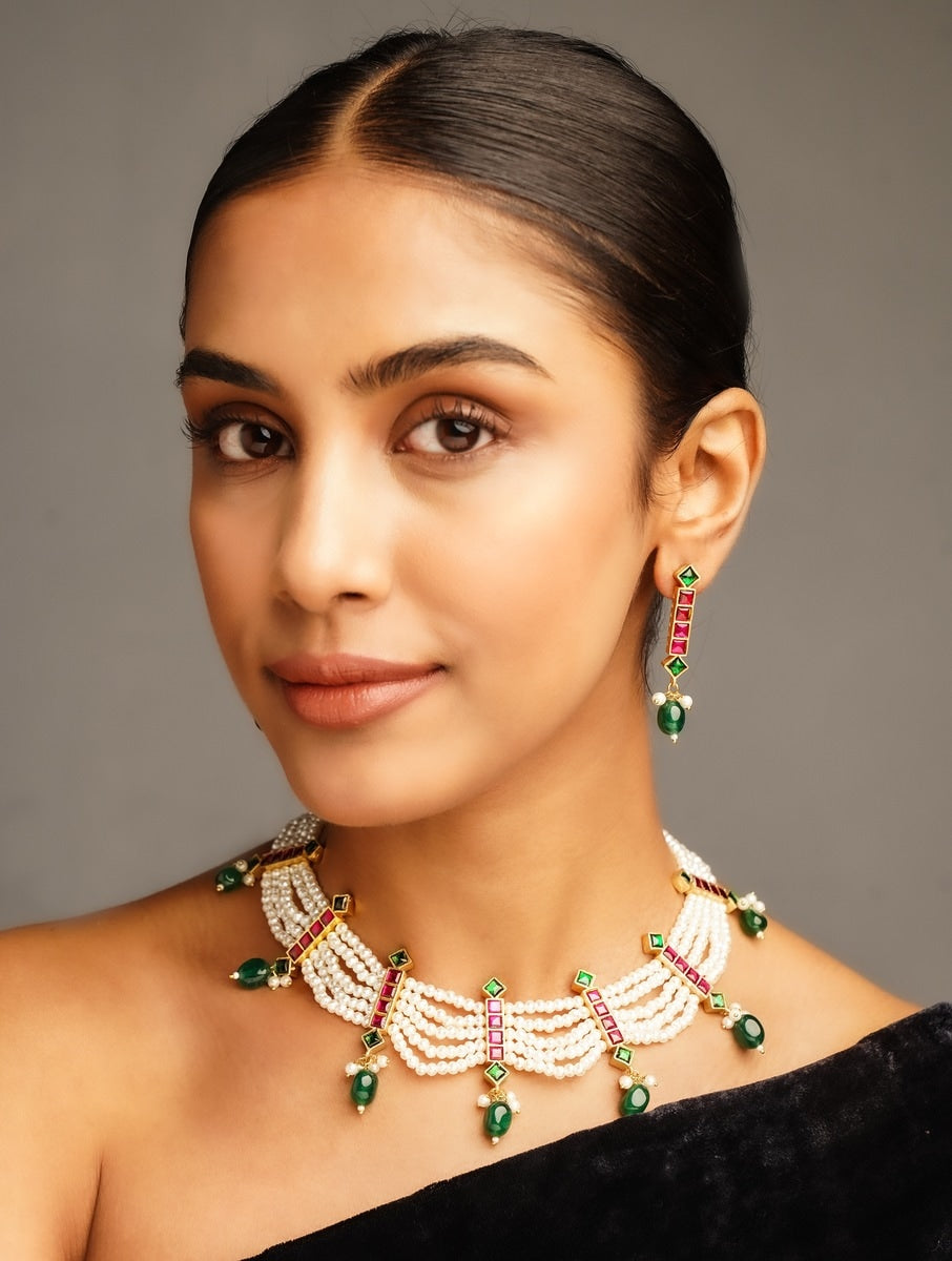 Pearl Choker Diamond Sabyasachi Necklace Set by Abdesignsjewellery worn by woman with matching earrings