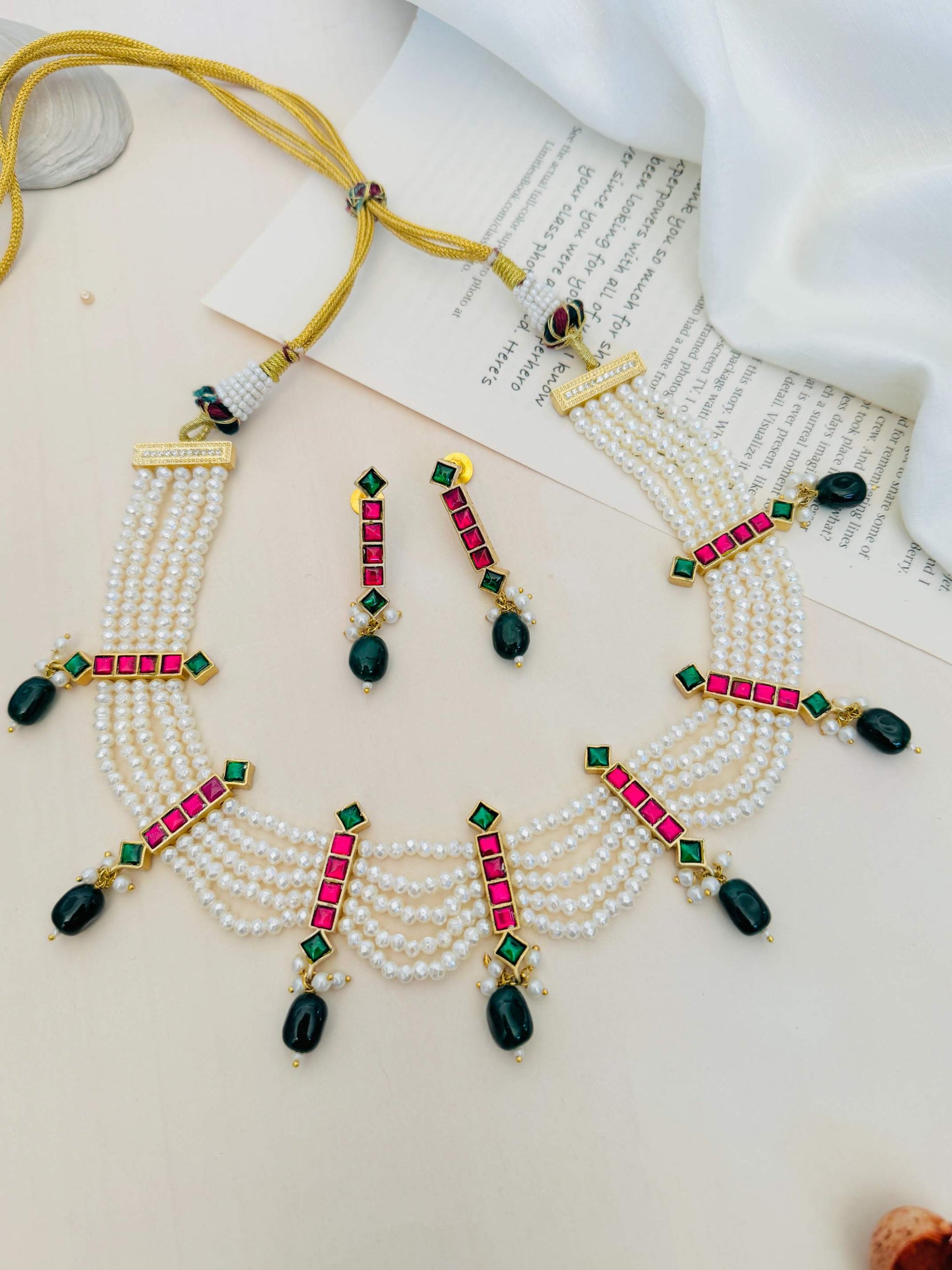 Pearl Choker Diamond Sabyasachi Necklace Set with multi-layer pearls and colorful gemstone accents