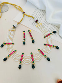 Thumbnail for Pearl Choker Diamond Sabyasachi Necklace Set with multi-layer pearls and colorful gemstone accents