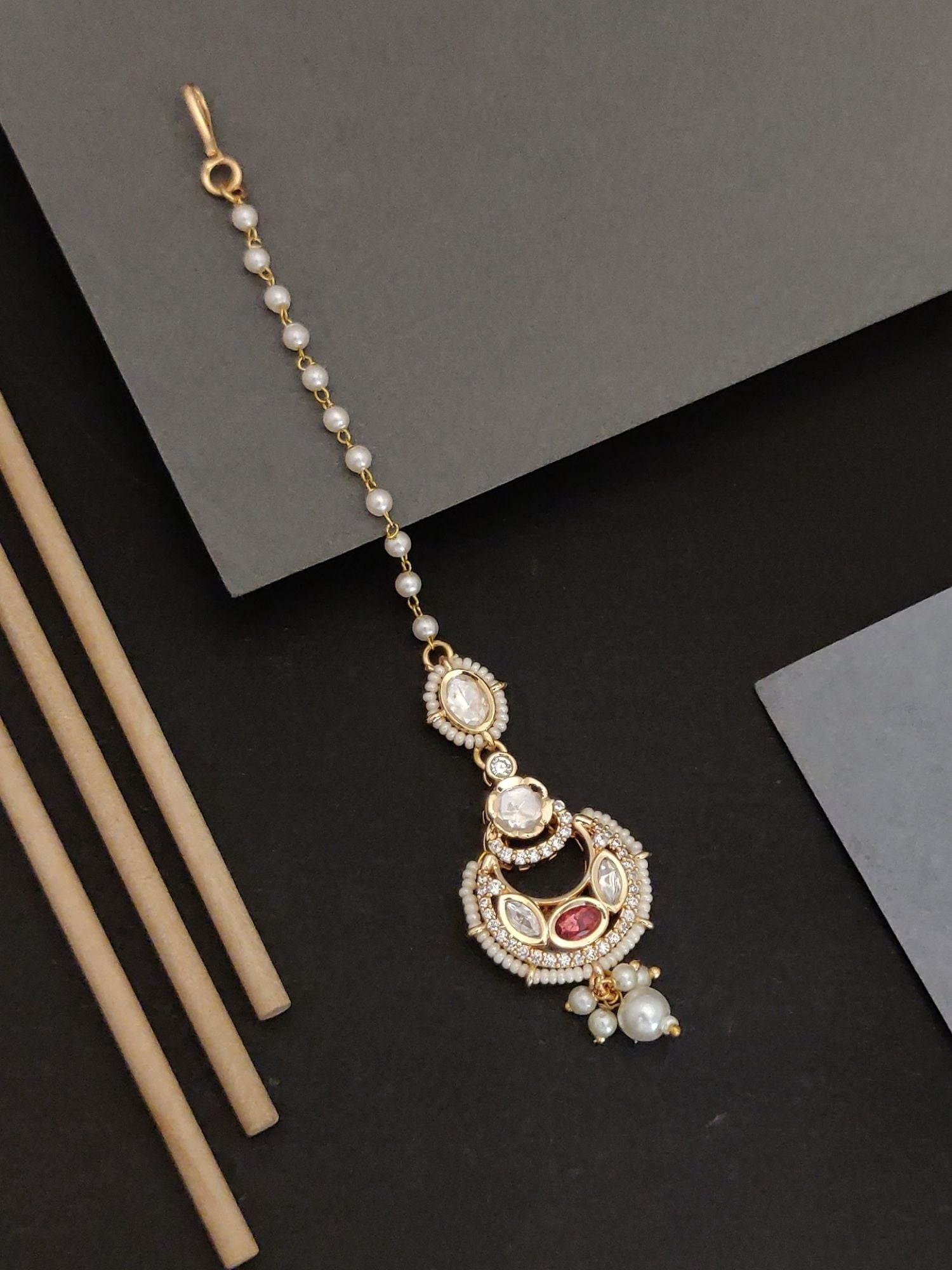 Elegant polki beads maangtikka for wedding with pearl and gold detailing by Abdesignsjewellery