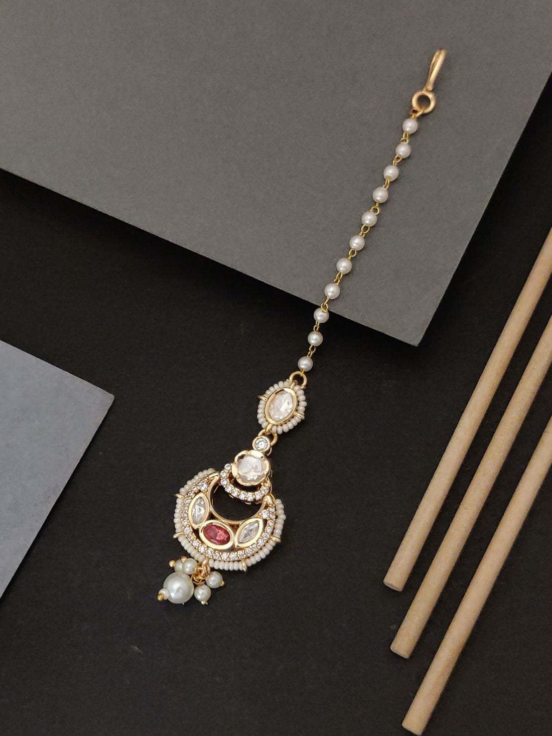 Elegant polki beads maangtikka for wedding with pearl and gold detailing by Abdesignsjewellery