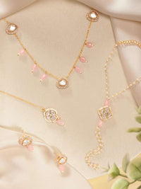 Thumbnail for Gold Polki Hand Bracelet Combo with pink stone accents from Abdesignsjewellery on beige fabric