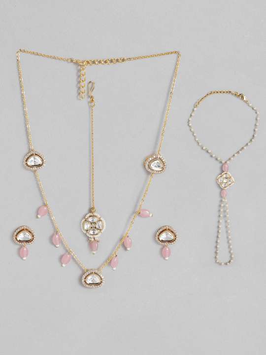 Polki Hand Bracelet Combo by Abdesignsjewellery with gold-toned chain, white stones, and pink bead accents