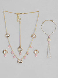Thumbnail for Polki Hand Bracelet Combo by Abdesignsjewellery with gold-toned chain, white stones, and pink bead accents