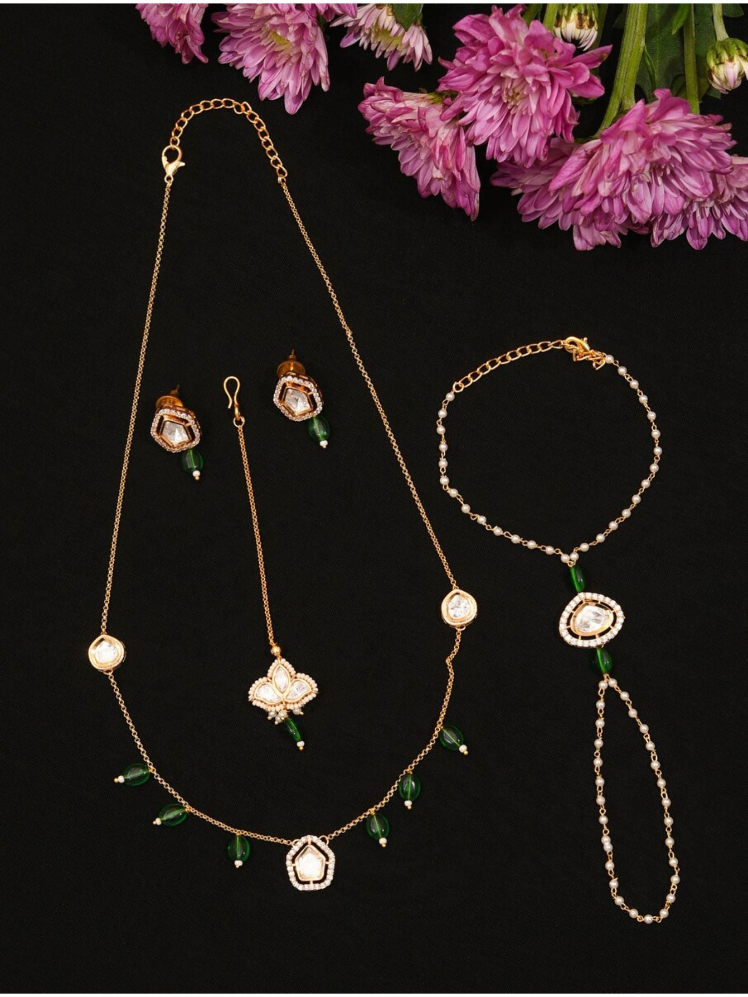 Abdesignsjewellery Polki Hand Bracelet Combo with gold chain and green bead details