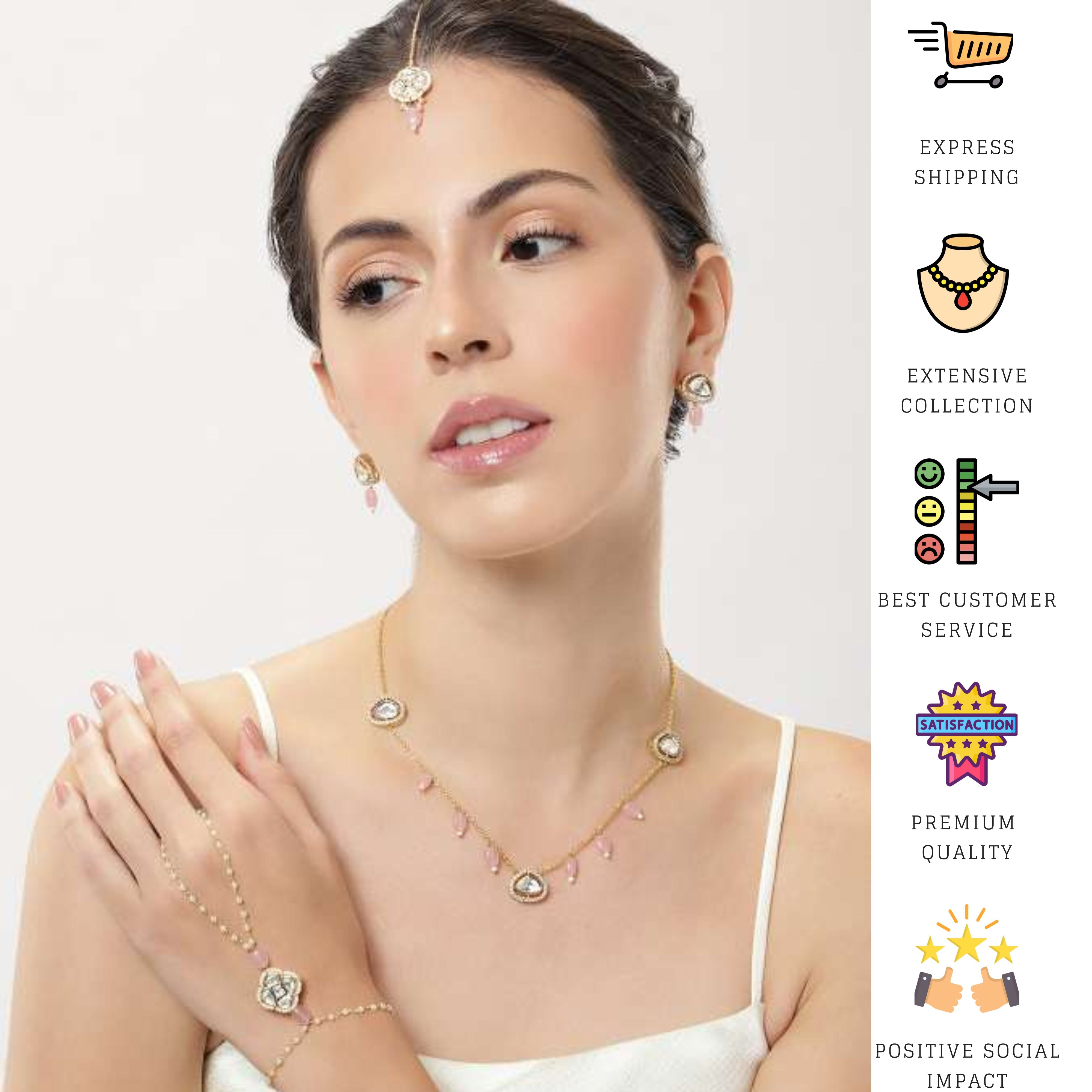 Abdesignsjewellery Polki Hand Bracelet Combo with intricate gold and pink stone design