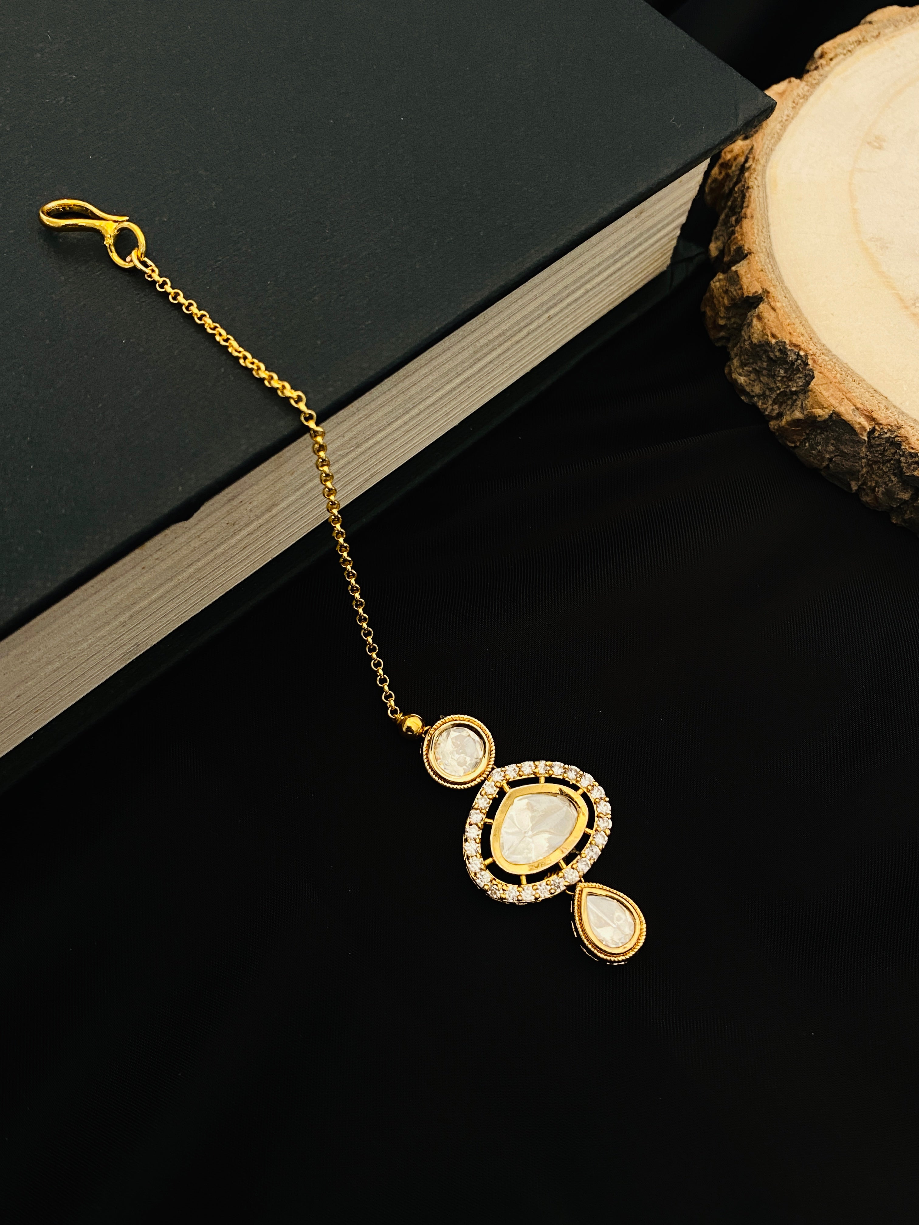 Polki Kundan Drop Maangtikka with gold chain and intricate stone settings by Abdesignsjewellery