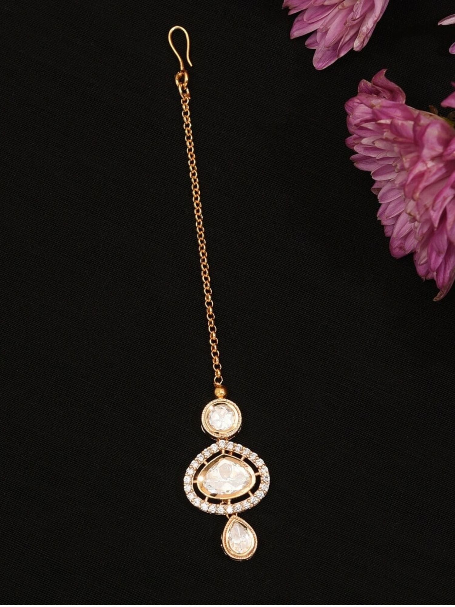 Polki Kundan Drop Maangtikka with gold chain and clear stones by Abdesignsjewellery