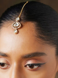 Thumbnail for Polki Kundan Drop Maangtikka worn on forehead showcasing traditional gold and stone design