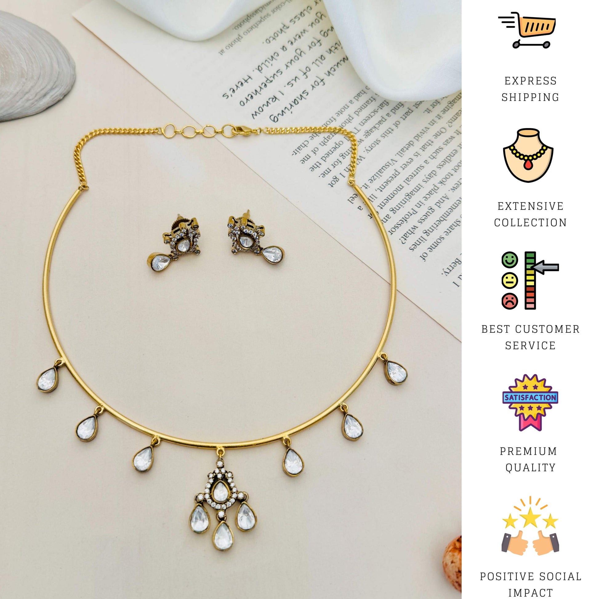 Polki Stone Gold Plated Hasli Necklace Set by Abdesignsjewellery with teardrop stones and matching earrings