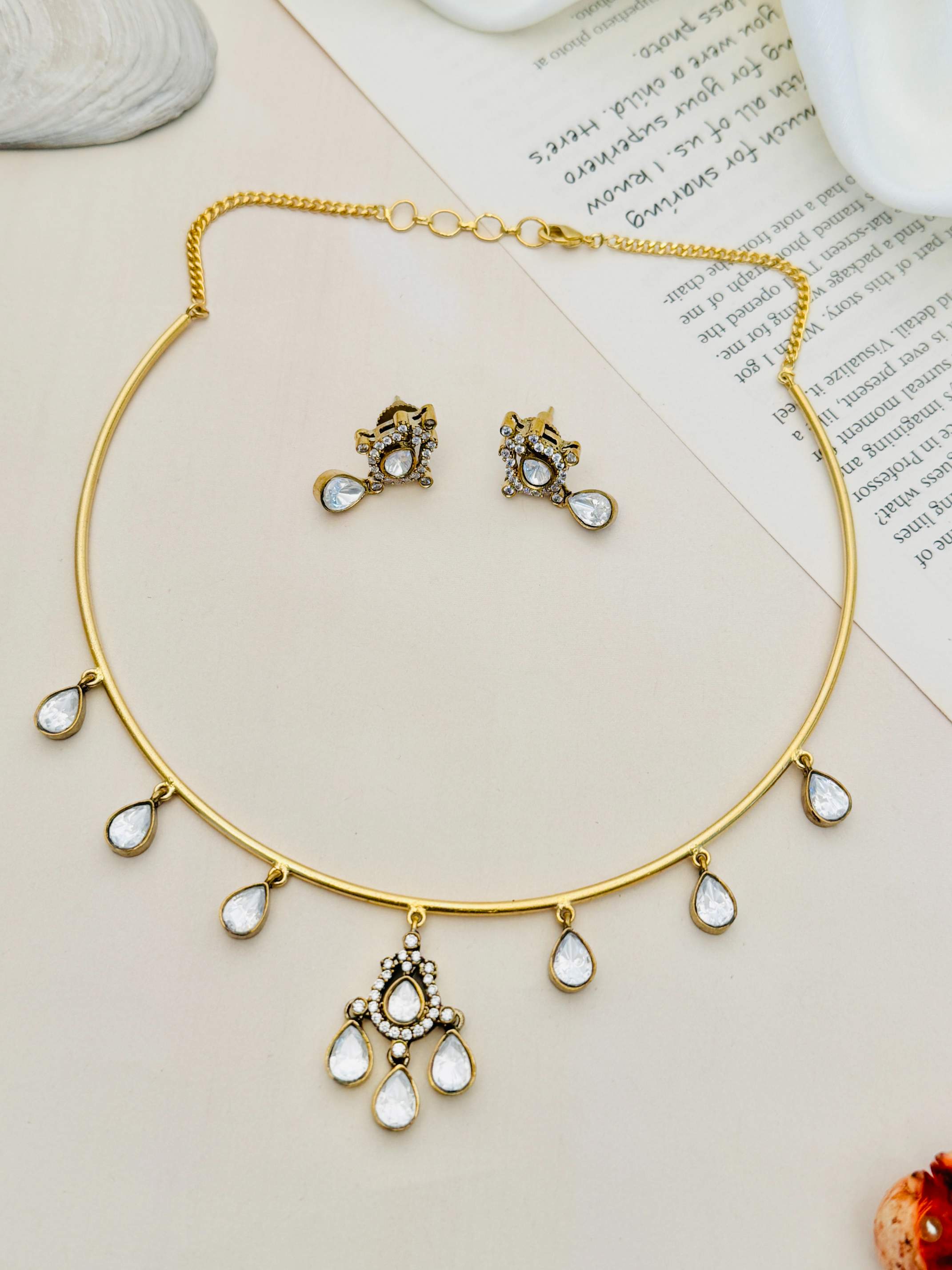 Abdesignsjewellery Polki Stone Gold Plated Hasli Necklace Set with teardrop stones and matching earrings