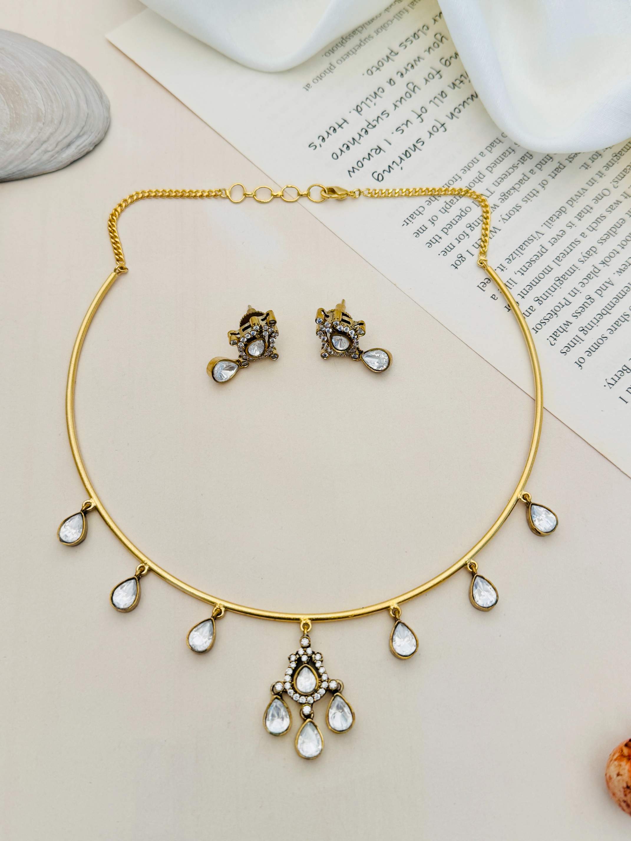 Polki Stone Gold Plated Hasli Necklace Set with matching earrings by Abdesignsjewellery