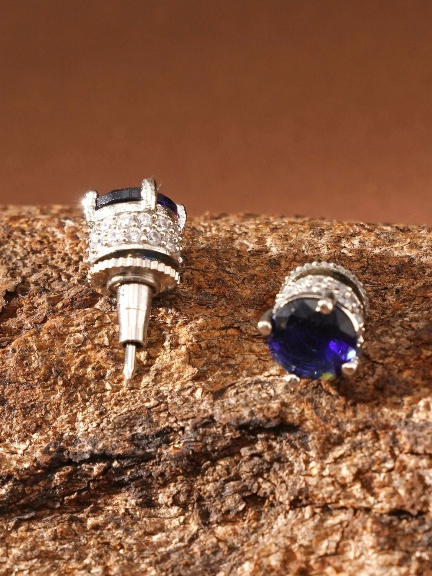 Precious Silver Plated American Diamond Stud Earring with deep blue stone and sparkling accents