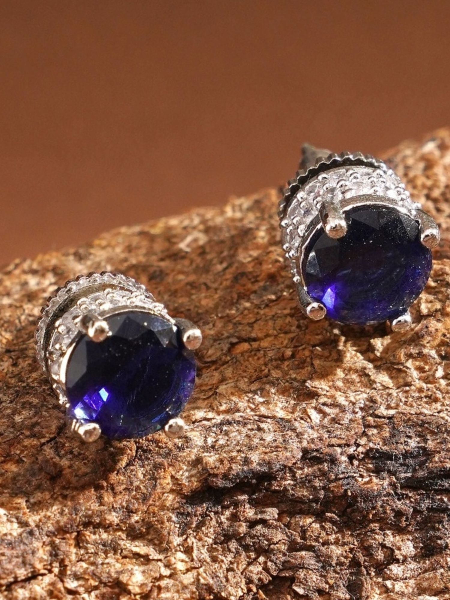 Precious Silver Plated American Diamond Stud Earring with deep blue stones by Abdesignsjewellery