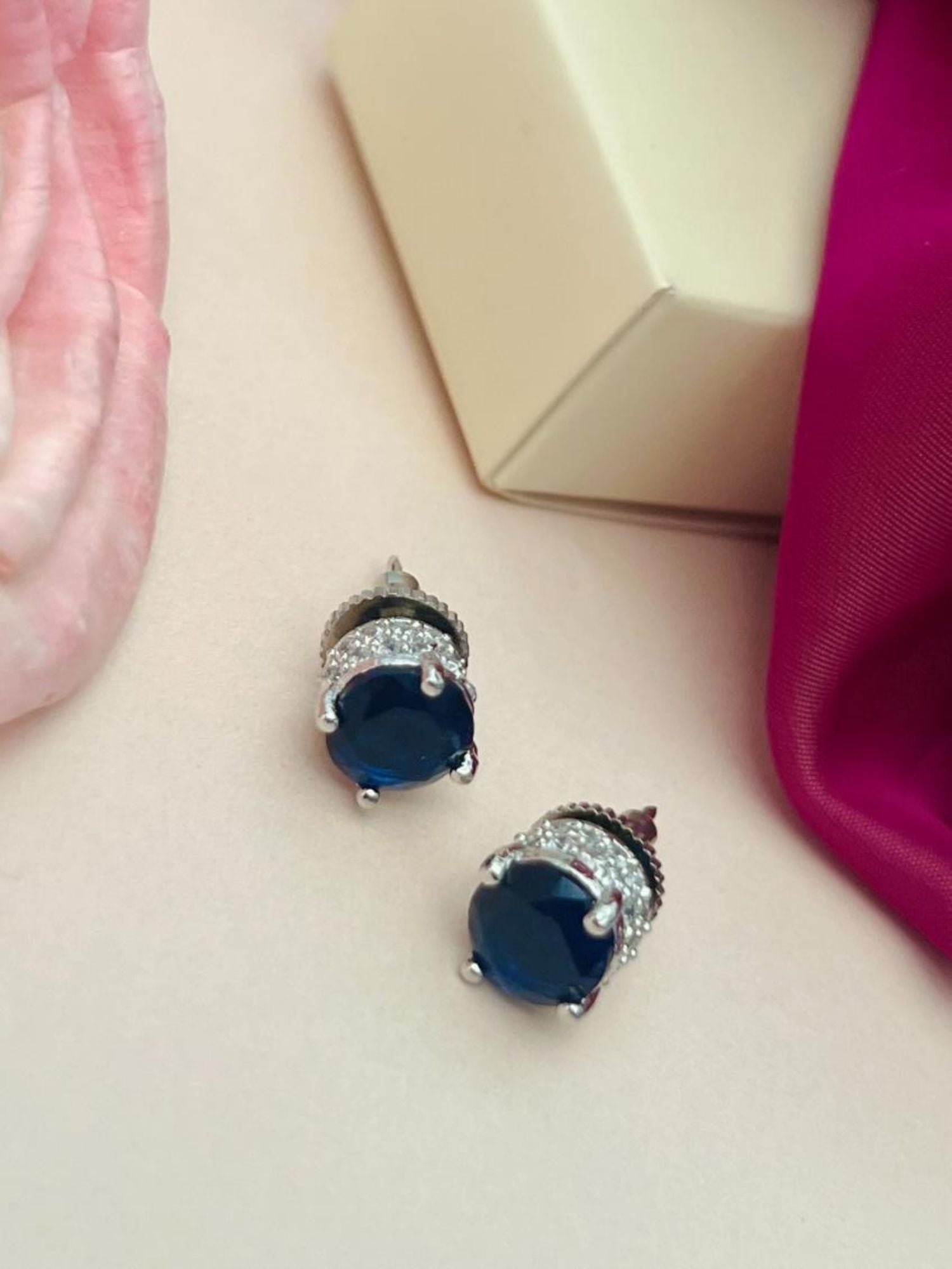 Precious Silver Plated American Diamond Stud Earring with dark blue stones and clear crystals by Abdesignsjewellery