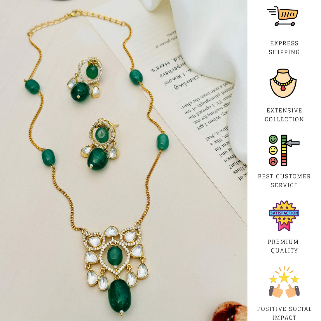 Woman wearing Abdesignsjewellery Premium Gold Plated Polki Pendant Set with red and white stones