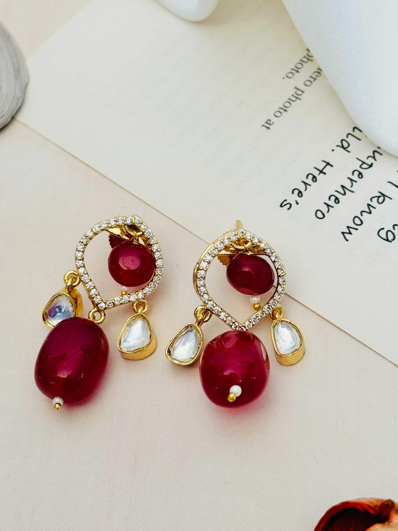 Abdesignsjewellery Premium Gold Plated Polki Pendant Set with red and white stone accents