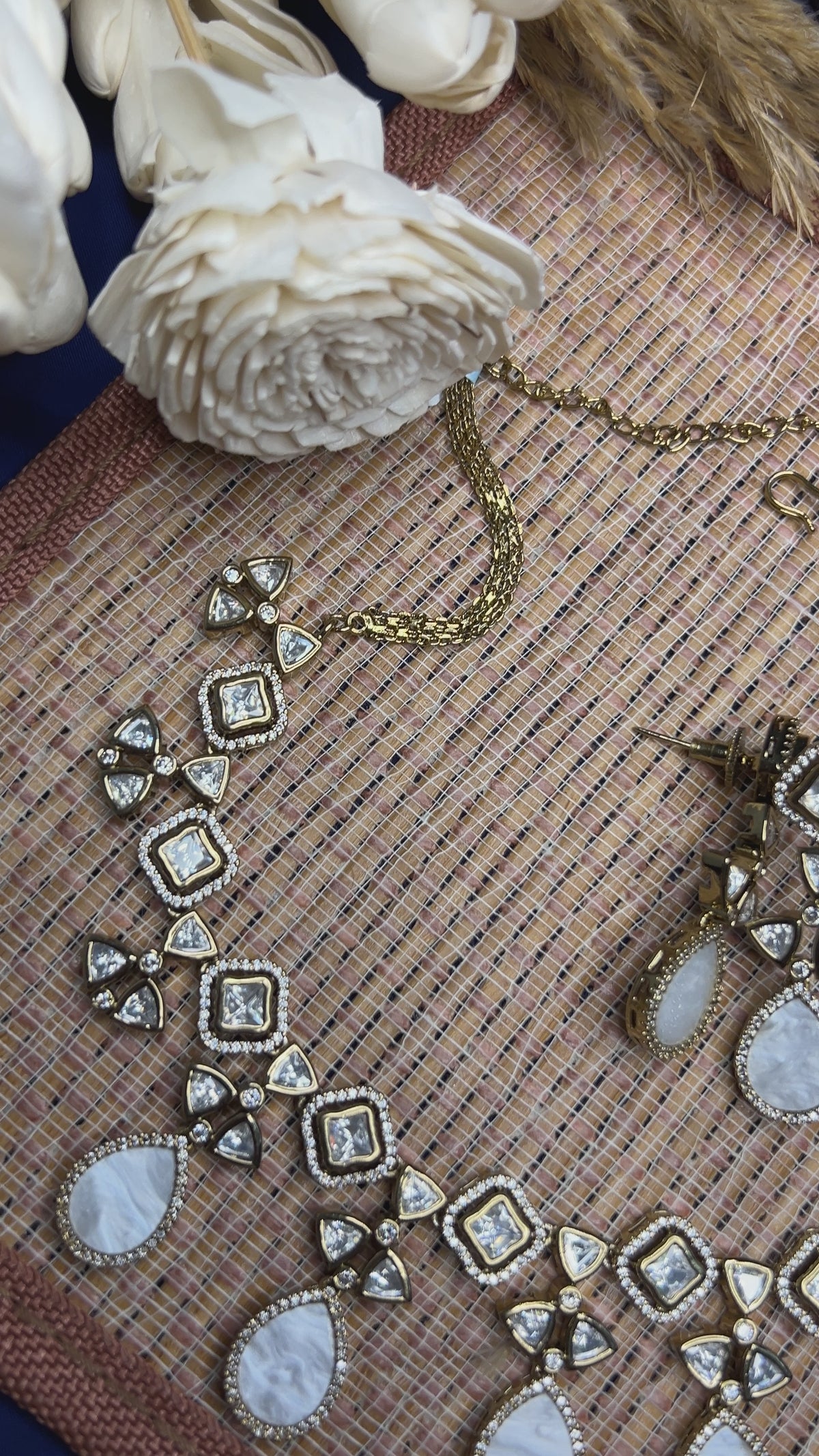 Victorian Gold Plated Mother of Pearl Necklace Set with Earrings