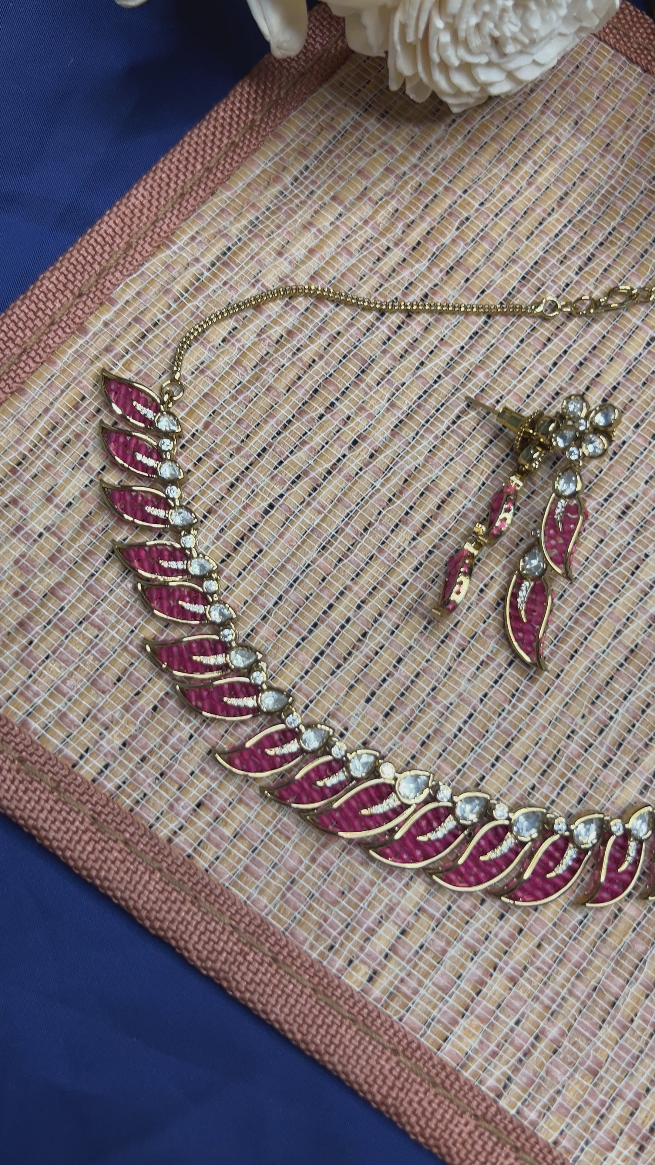 Victorian Gold Plated Pink Leaf Necklace Set with Earrings | Abdesigns
