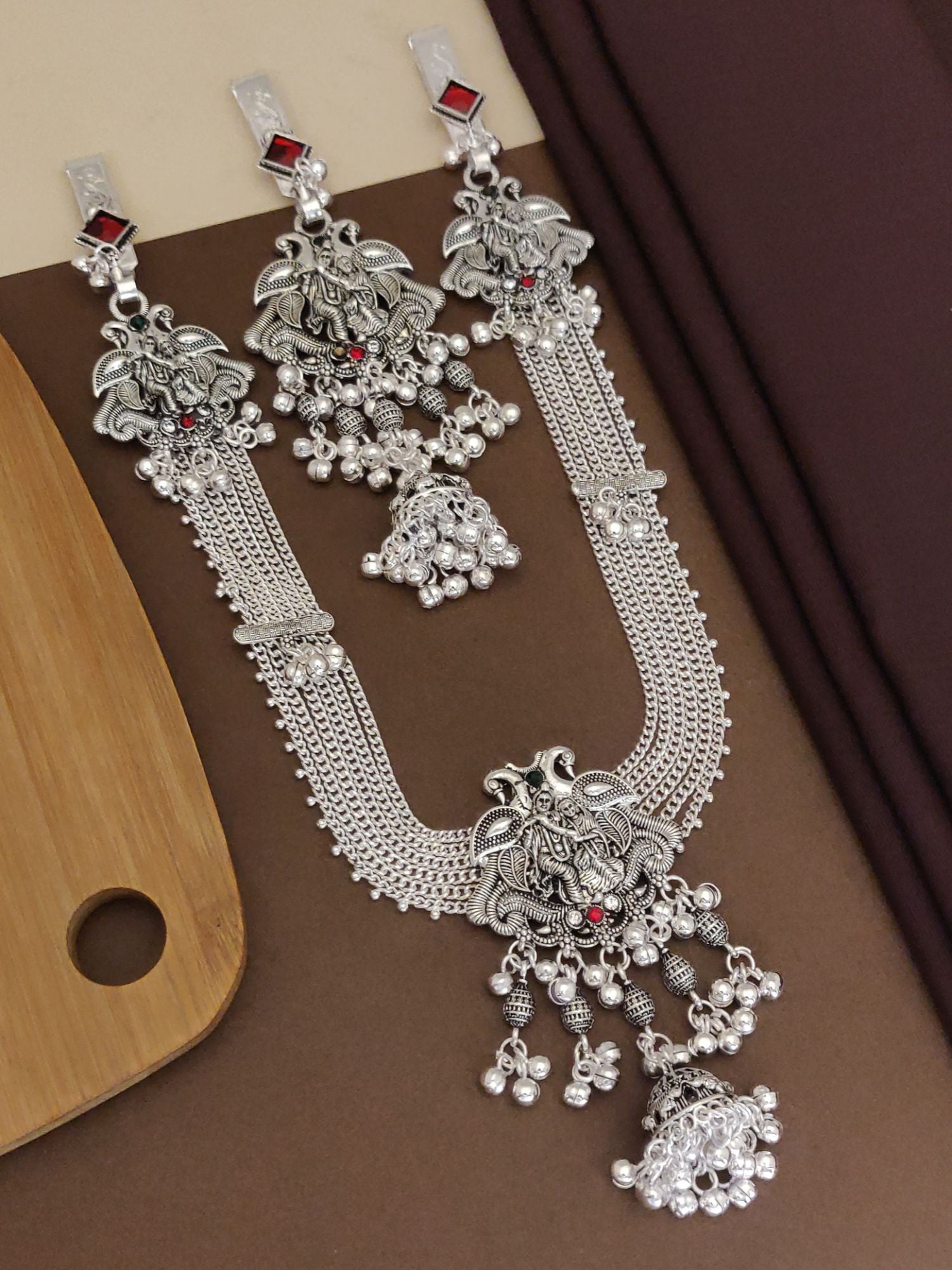 Radha Krishna Style German Silver Plated Long Juda Pin Combo with intricate designs and red accents