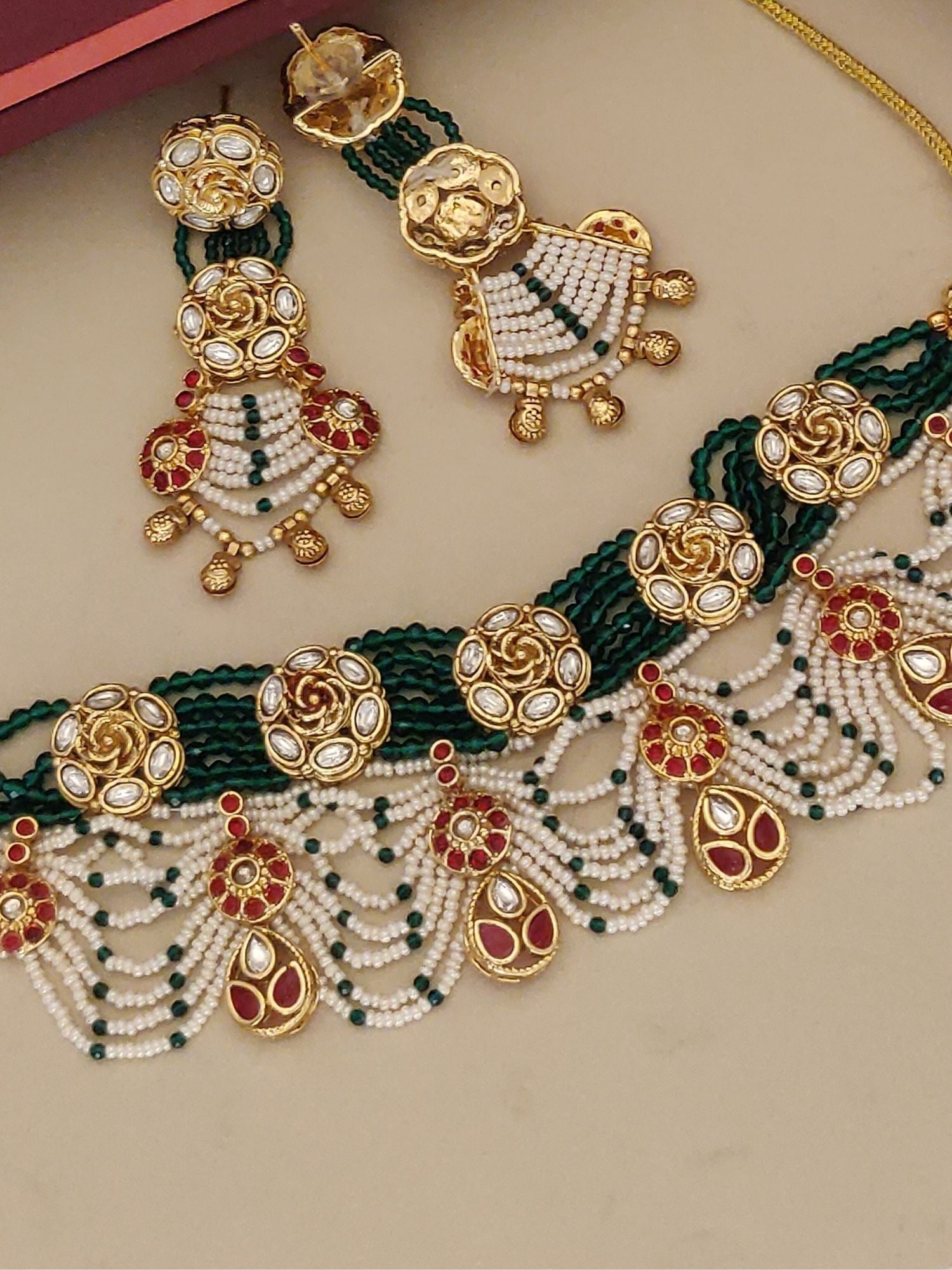 Rajwadi Style Gold Plated Kundan Beads Necklace Set with intricate designs and colorful bead accents